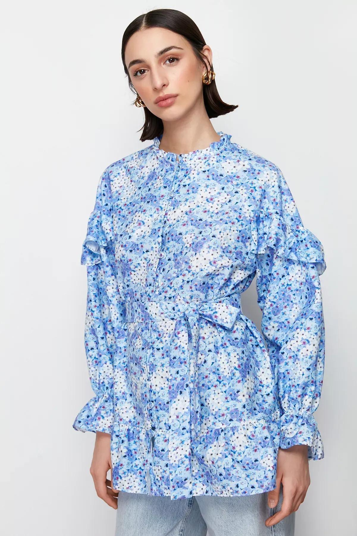 Blue Floral Woven Tunic, , large image number 1