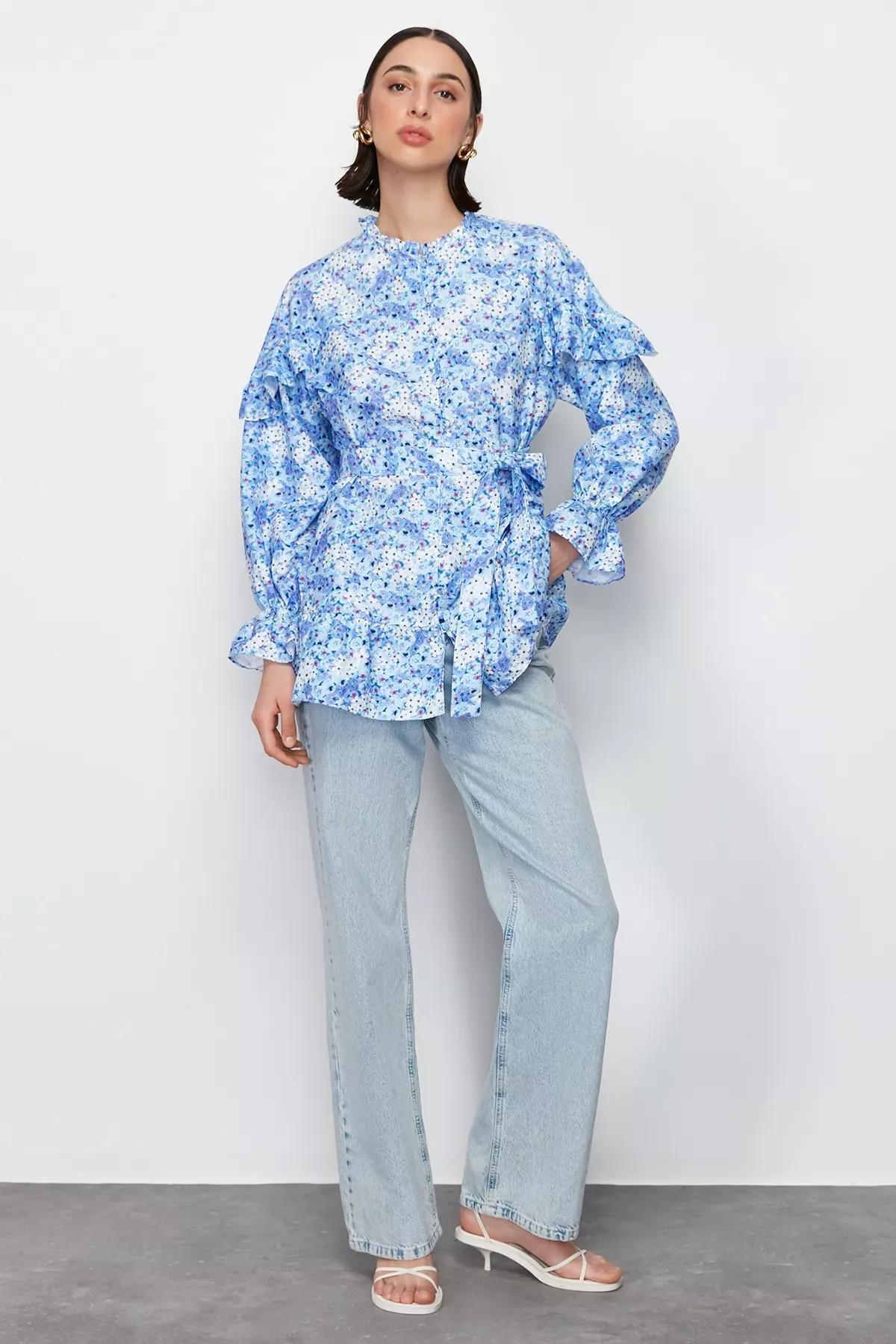 Blue Floral Woven Tunic, , large image number 2