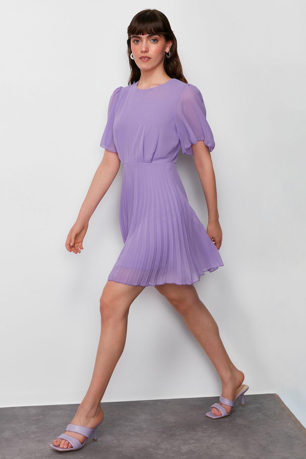Purple Pleated Chiffon Mini Dress, LILA, large image number 0