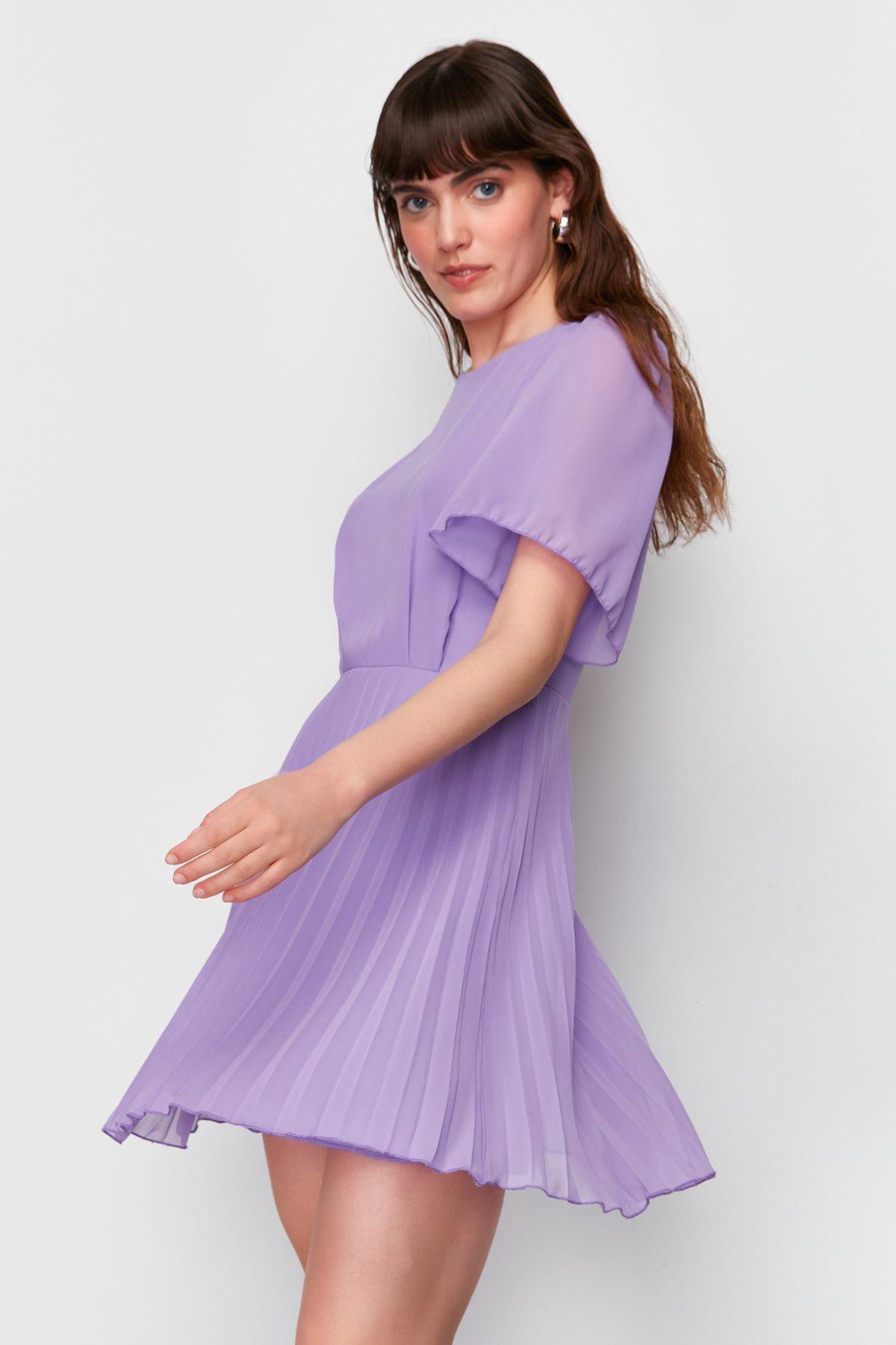 Purple Pleated Chiffon Mini Dress, LILA, large image number 1