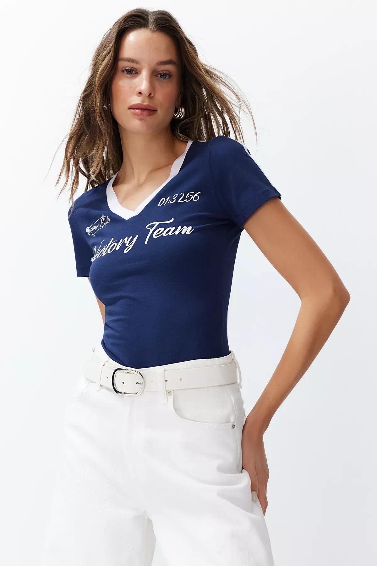 Blue Motto Printed V-Neck T-Shirt, DARK BLUE, large image number 1