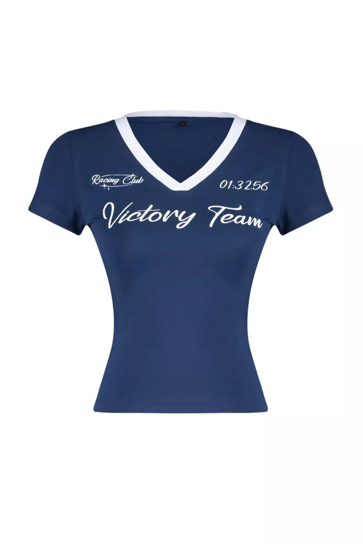 Blue Motto Printed V-Neck T-Shirt, DARK BLUE, large image number 7