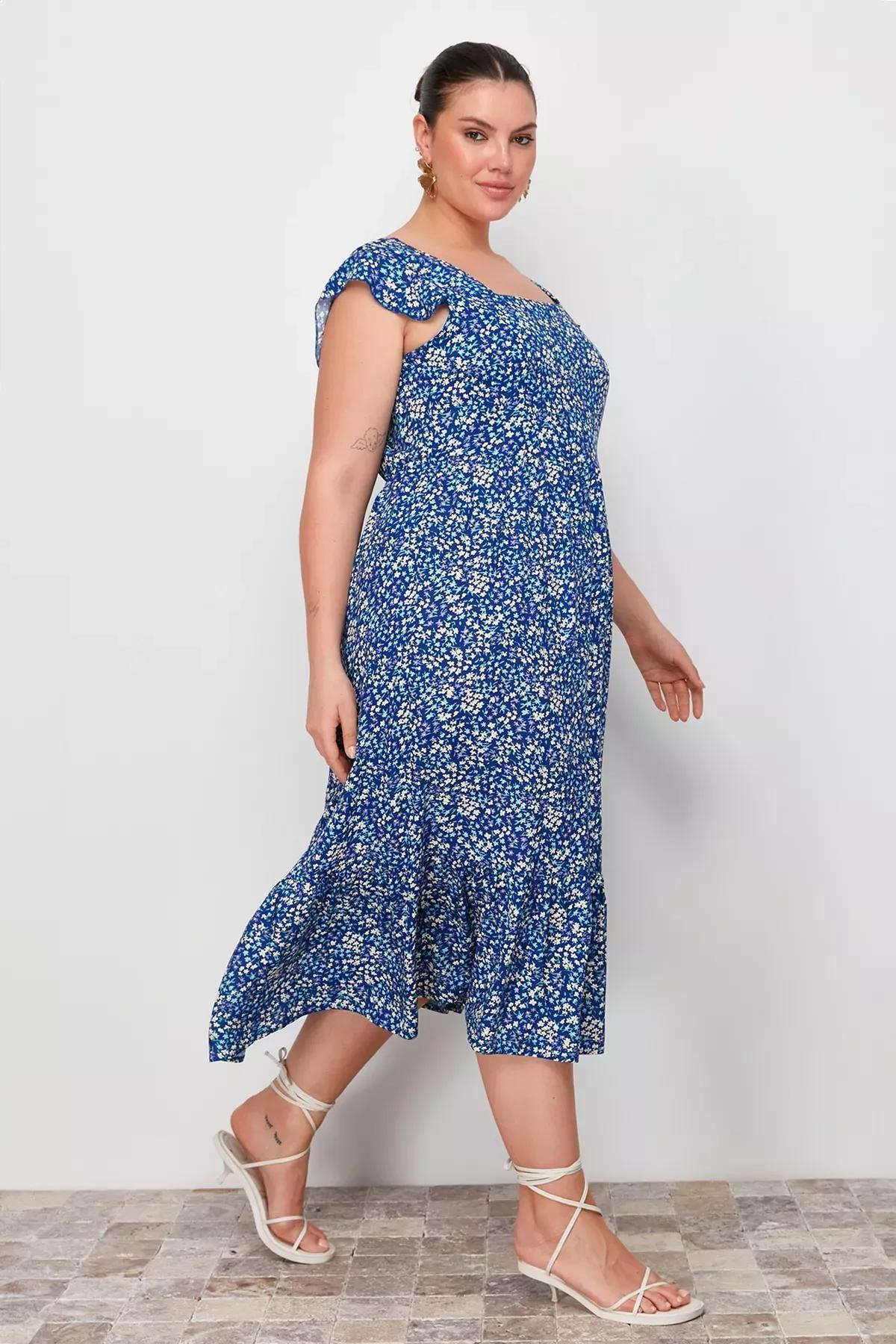 Floral Milkmaid Bohemian Midi Dress, DARK BLUE, large image number 1