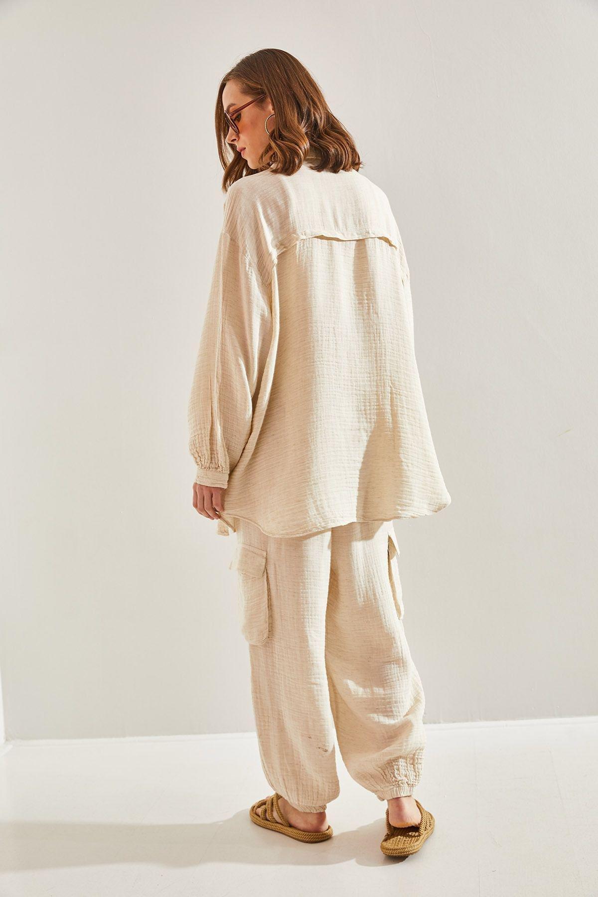 Cream Cargo Elastic Waist Trousers, , large image number 1