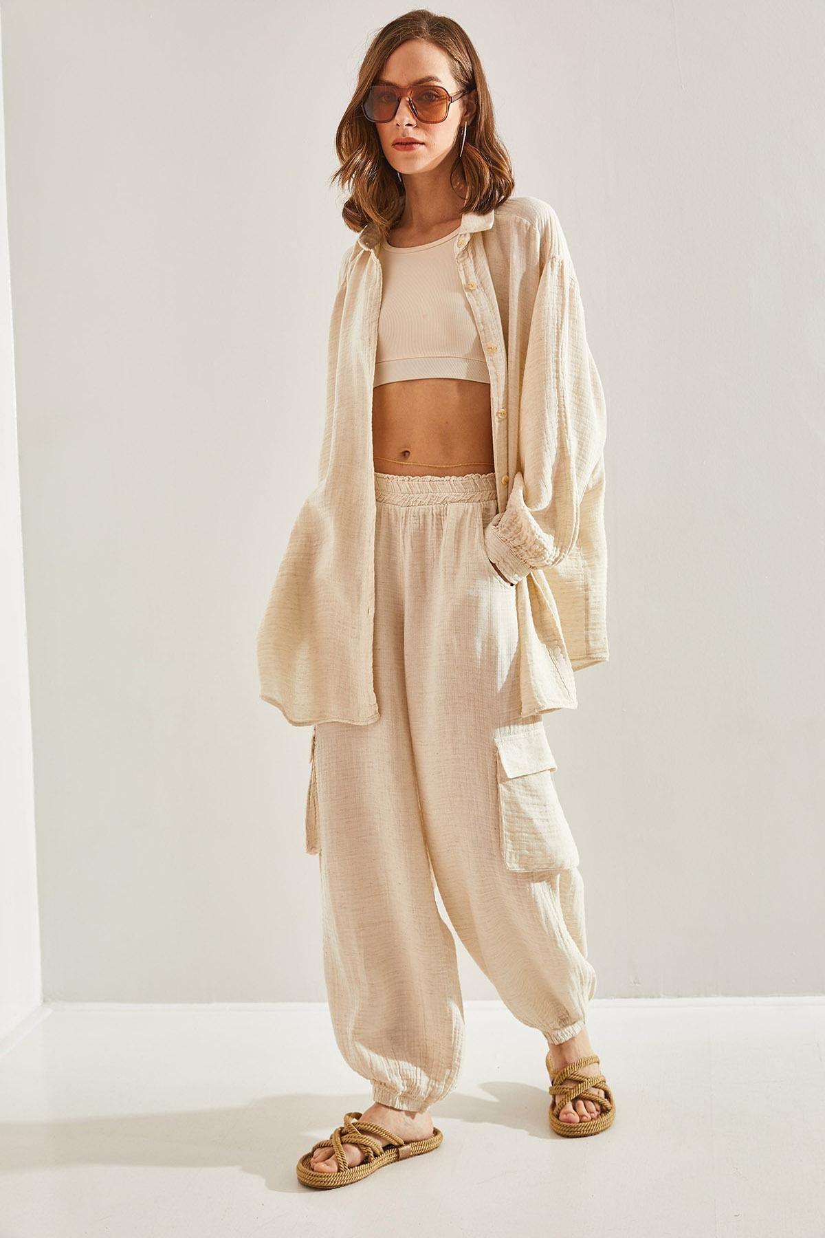 Cream Cargo Elastic Waist Trousers, , large image number 2