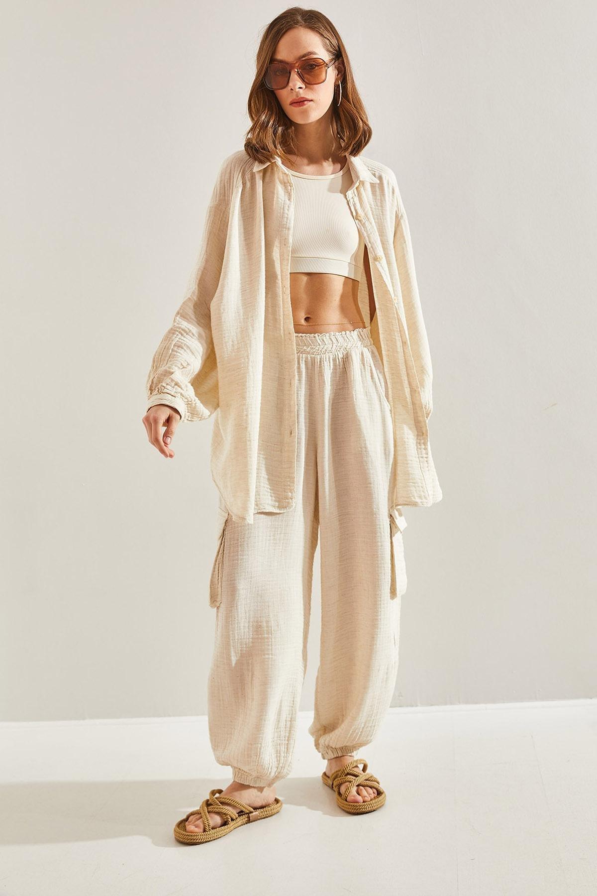 Cream Cargo Elastic Waist Trousers, , large image number 3