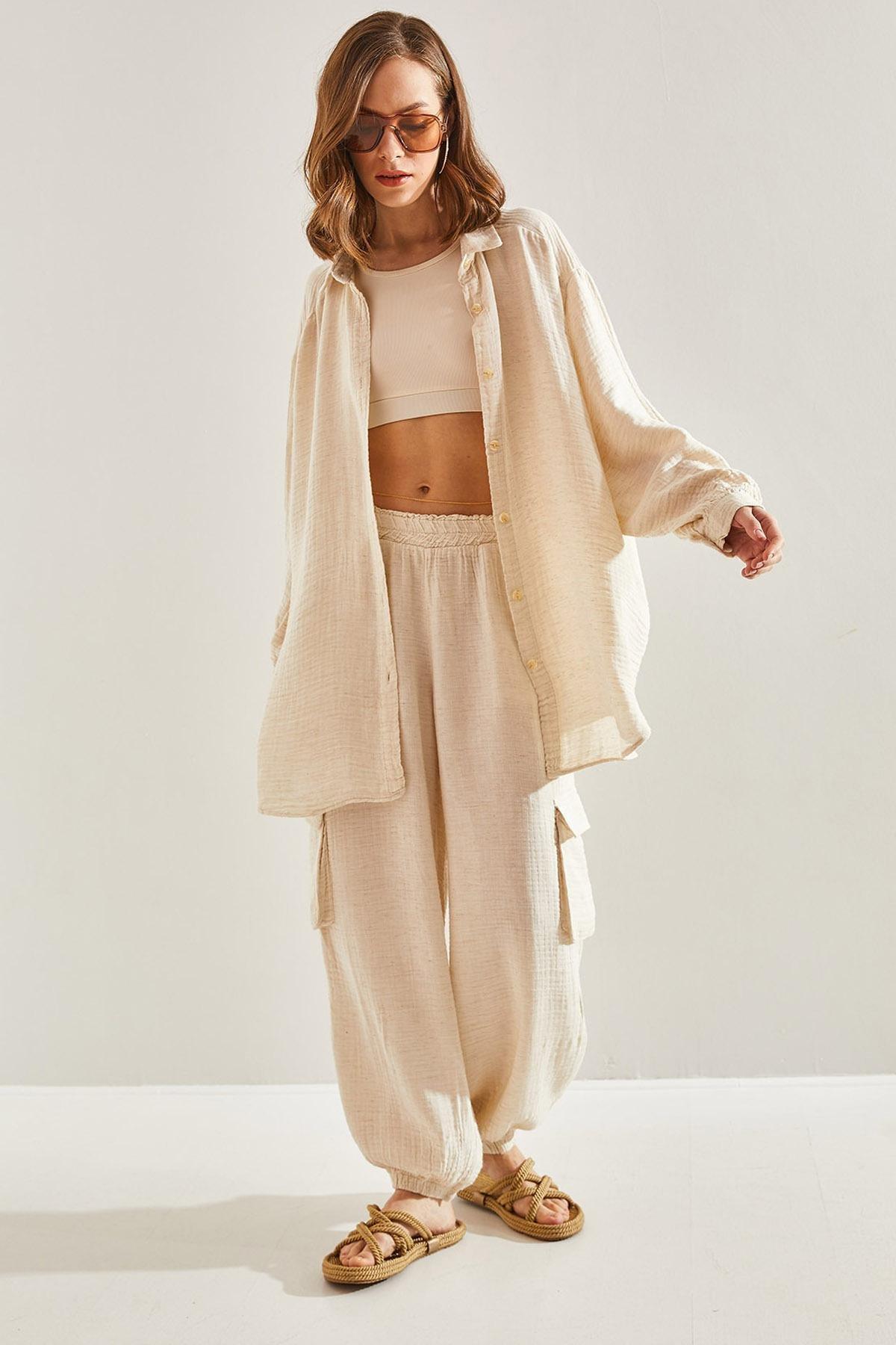 Cream Cargo Elastic Waist Trousers, , large image number 4