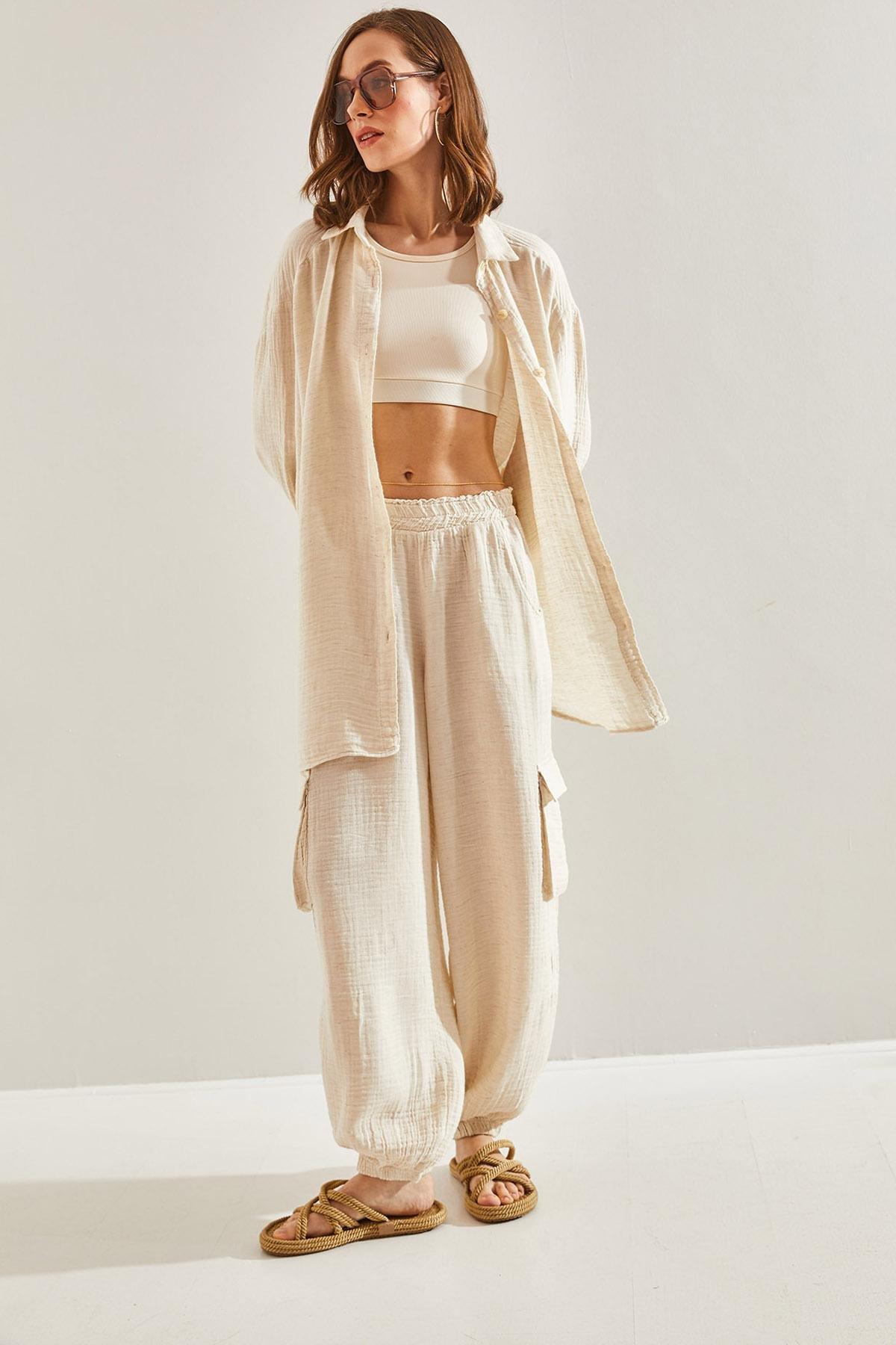 Cream Cargo Elastic Waist Trousers, , large image number 5