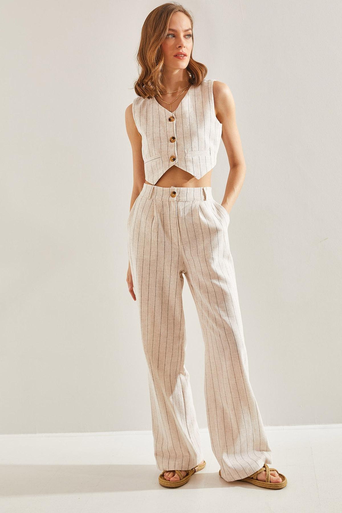 Beige Striped Detailed Co-Ord Set, , large image number 0