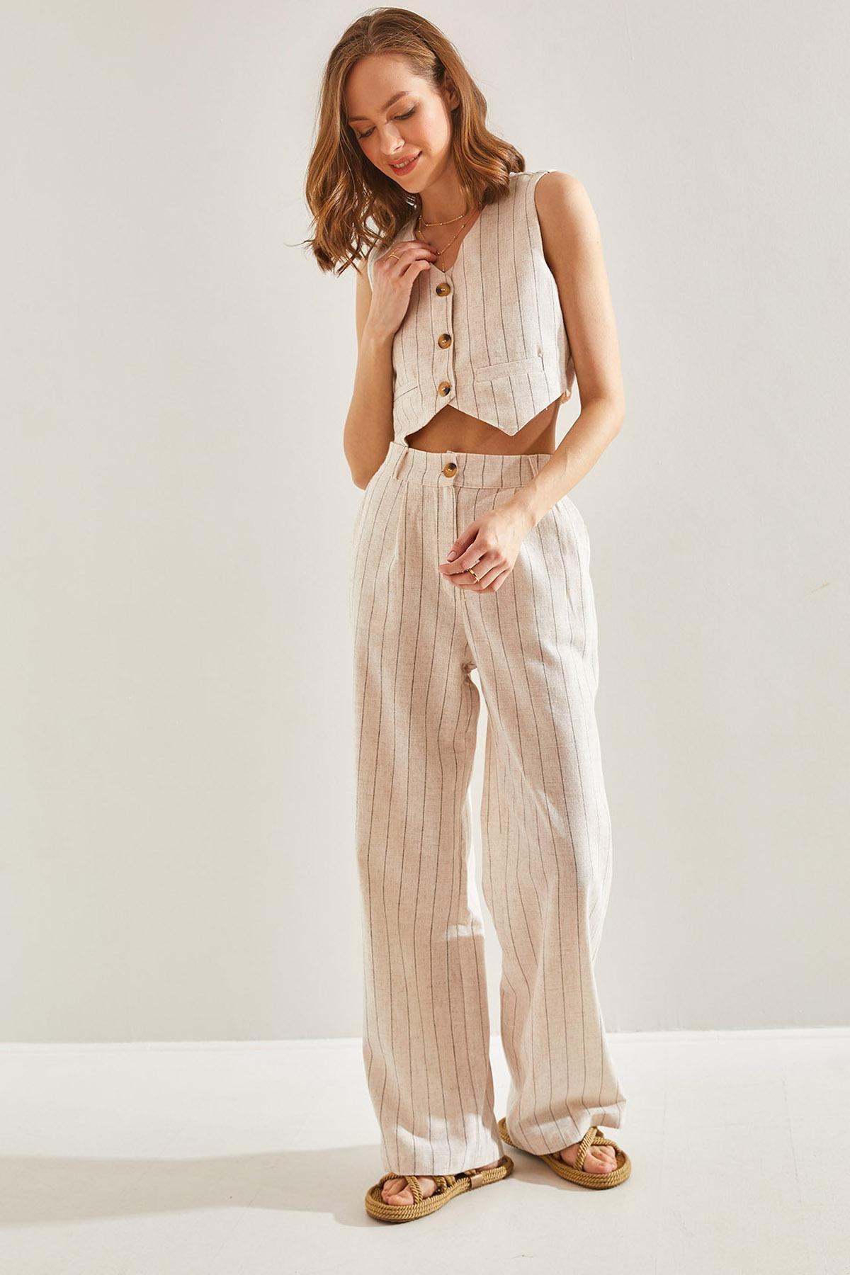 Beige Striped Detailed Co-Ord Set, , large image number 1
