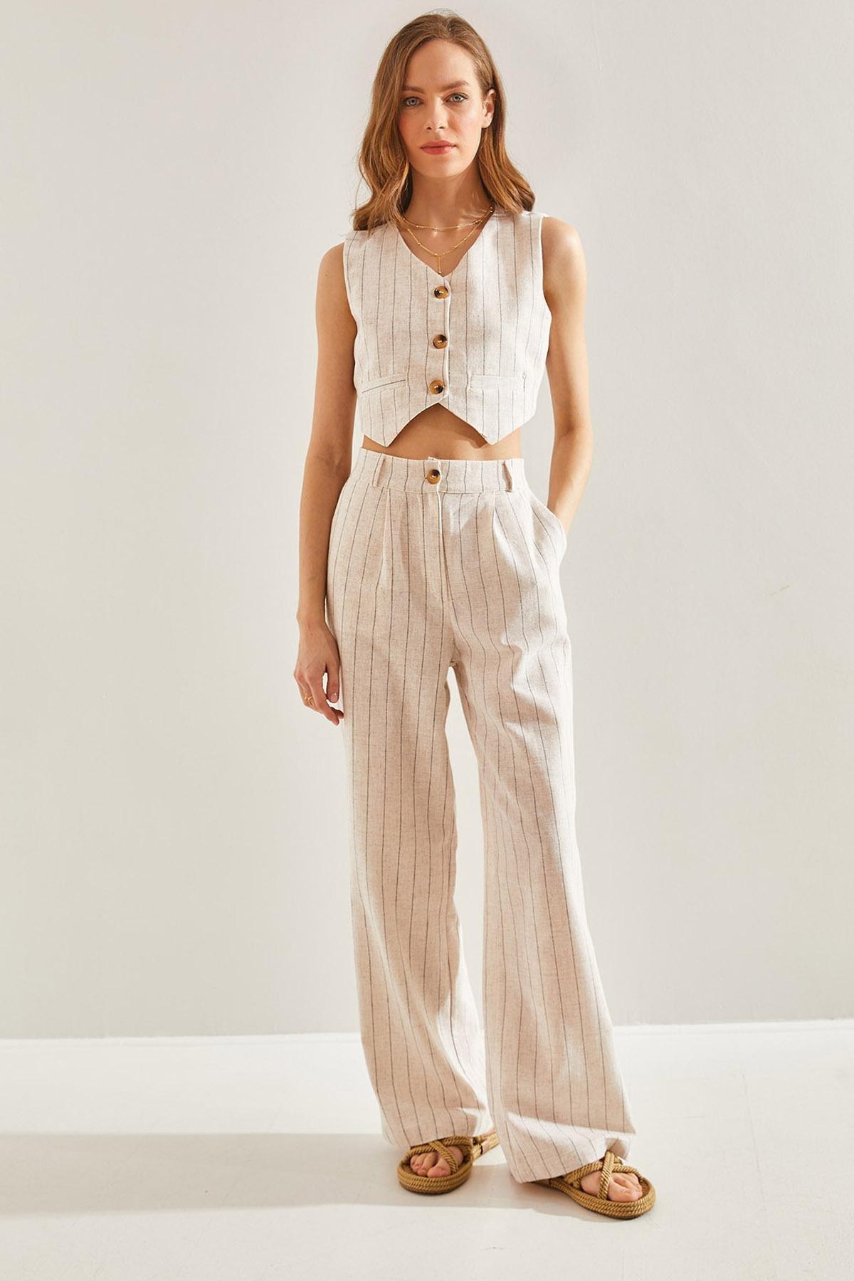 Beige Striped Detailed Co-Ord Set, , large image number 4