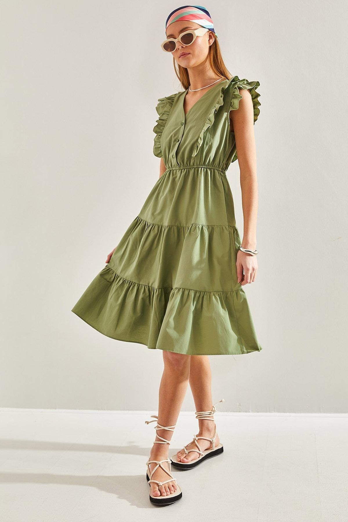 Green Buttoned Flared Dress, , large image number 0