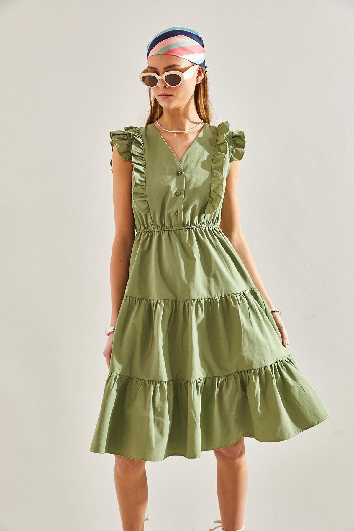 Green Buttoned Flared Dress, , large image number 1