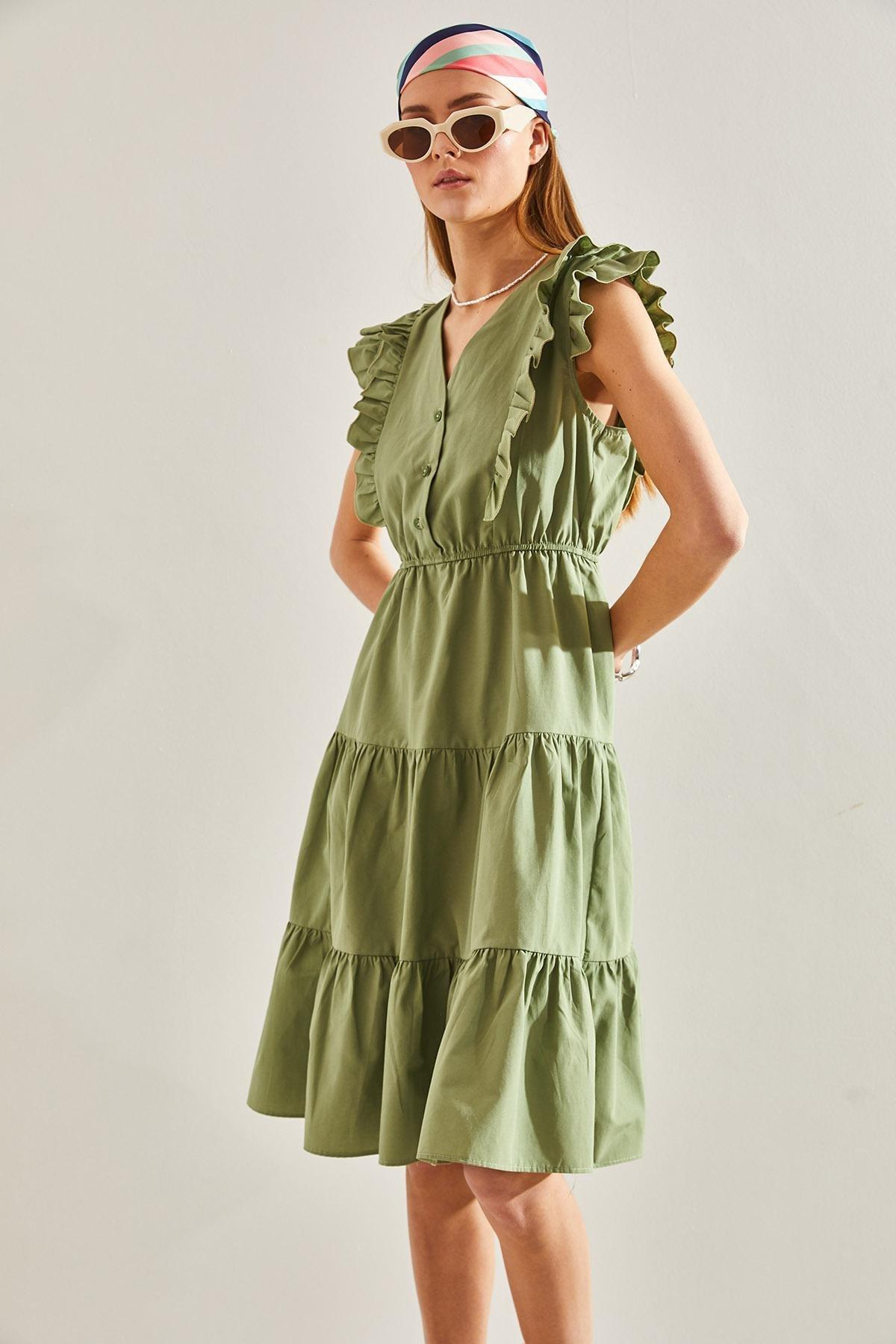 Green Buttoned Flared Dress, , large image number 2