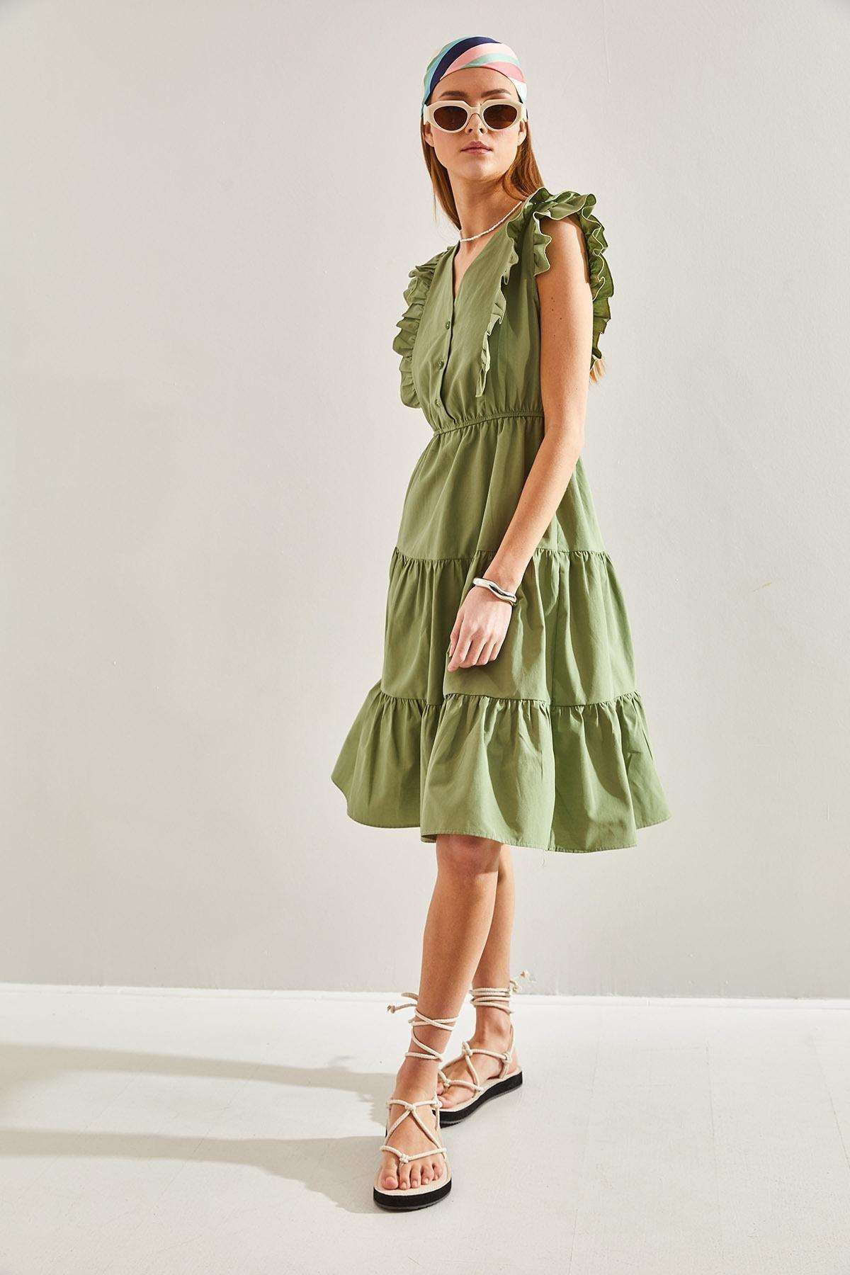 Green Buttoned Flared Dress, , large image number 3