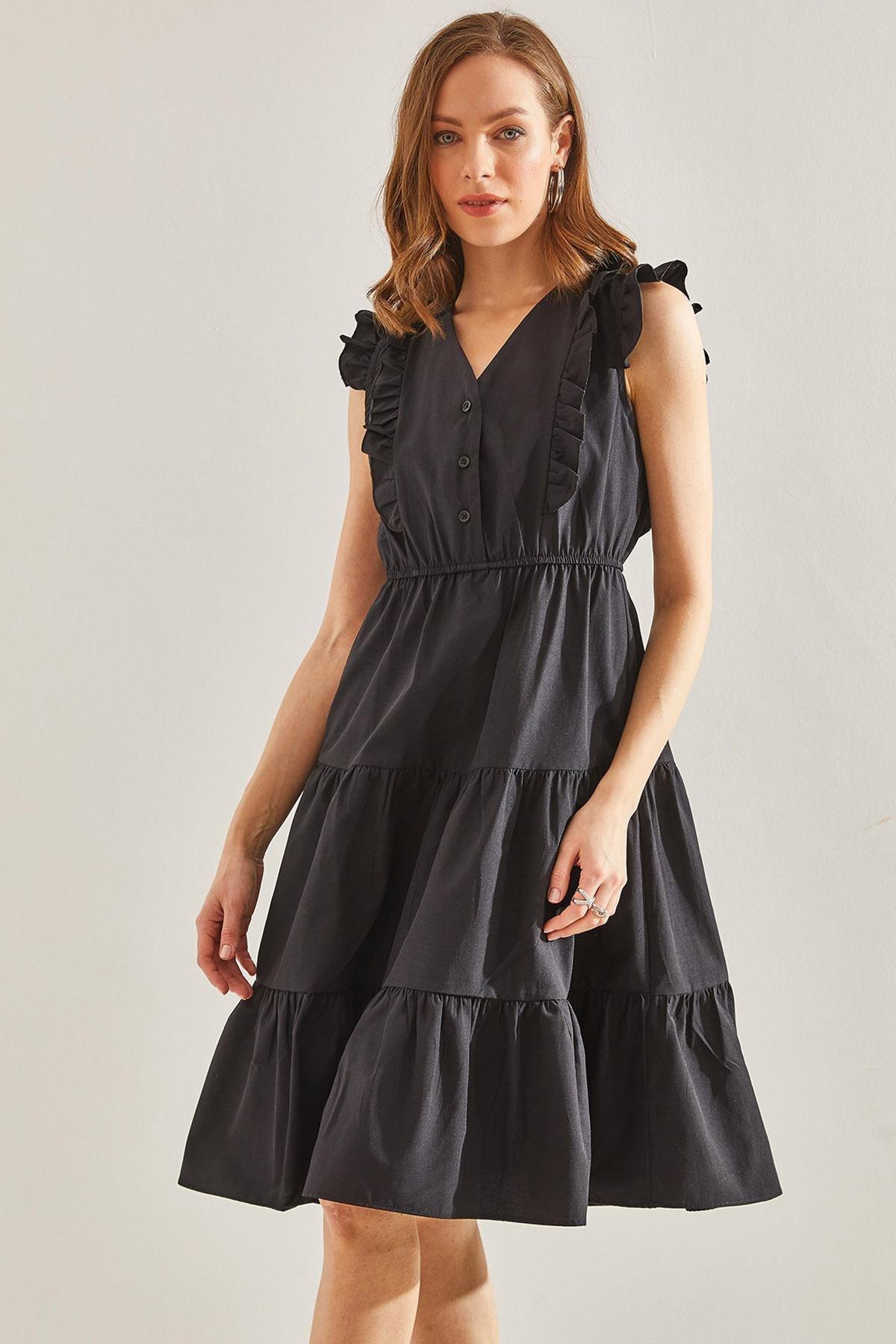 Black Buttoned Flared Dress, , large image number 0