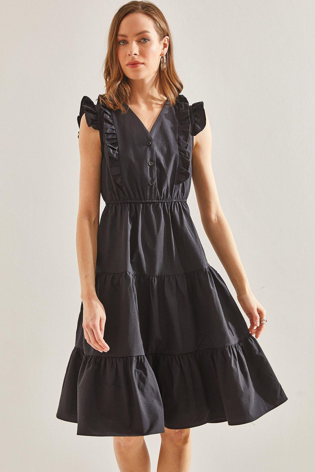 Black Buttoned Flared Dress, , large image number 2