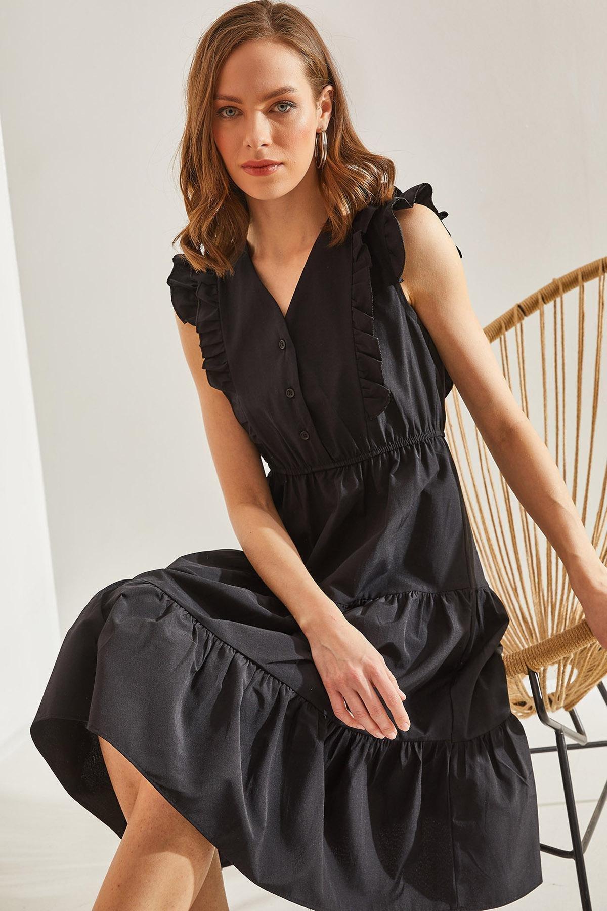 Black Buttoned Flared Dress, , large image number 3