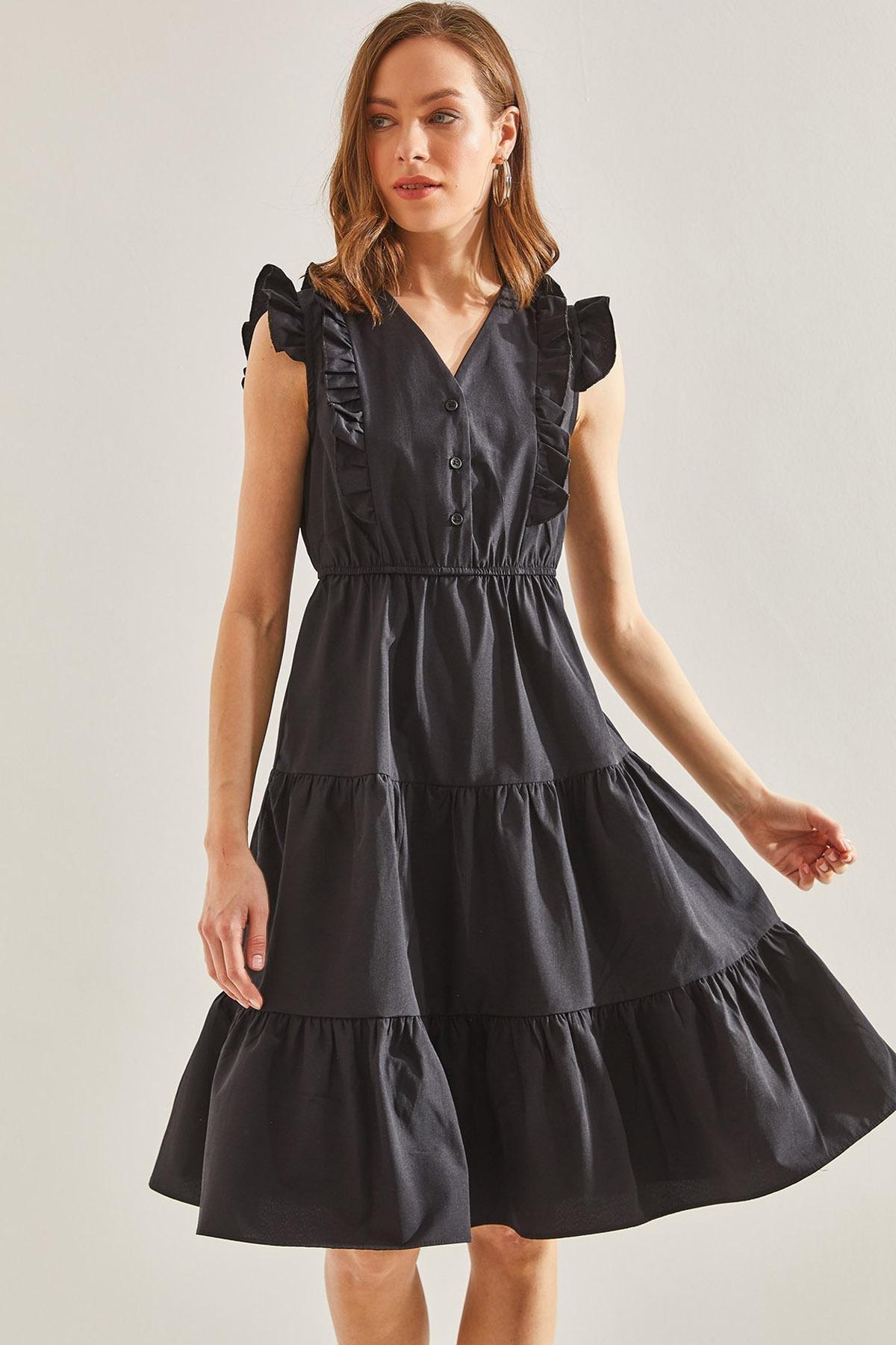 Black Buttoned Flared Dress, , large image number 4