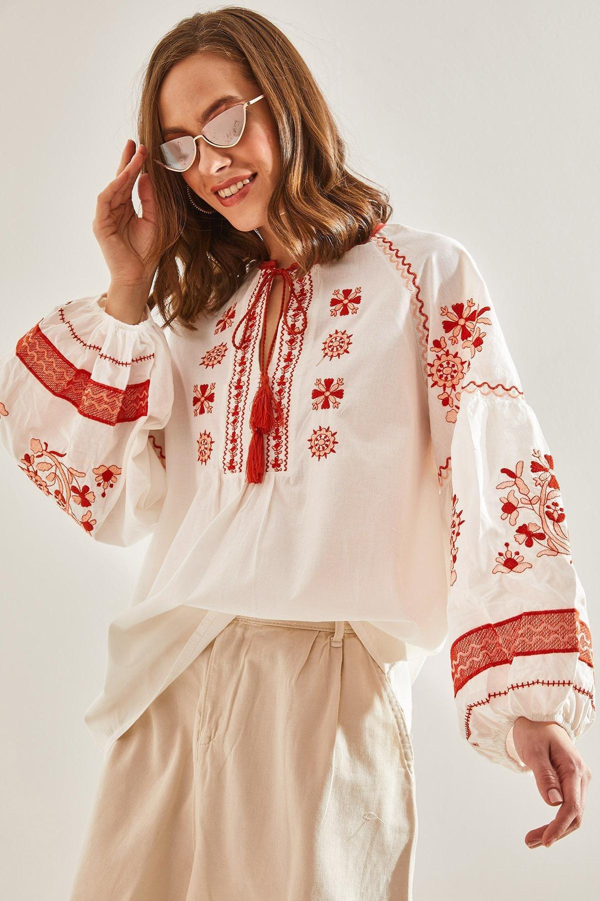Cream Embroidered Patterned Tie Blouse, , large image number 0