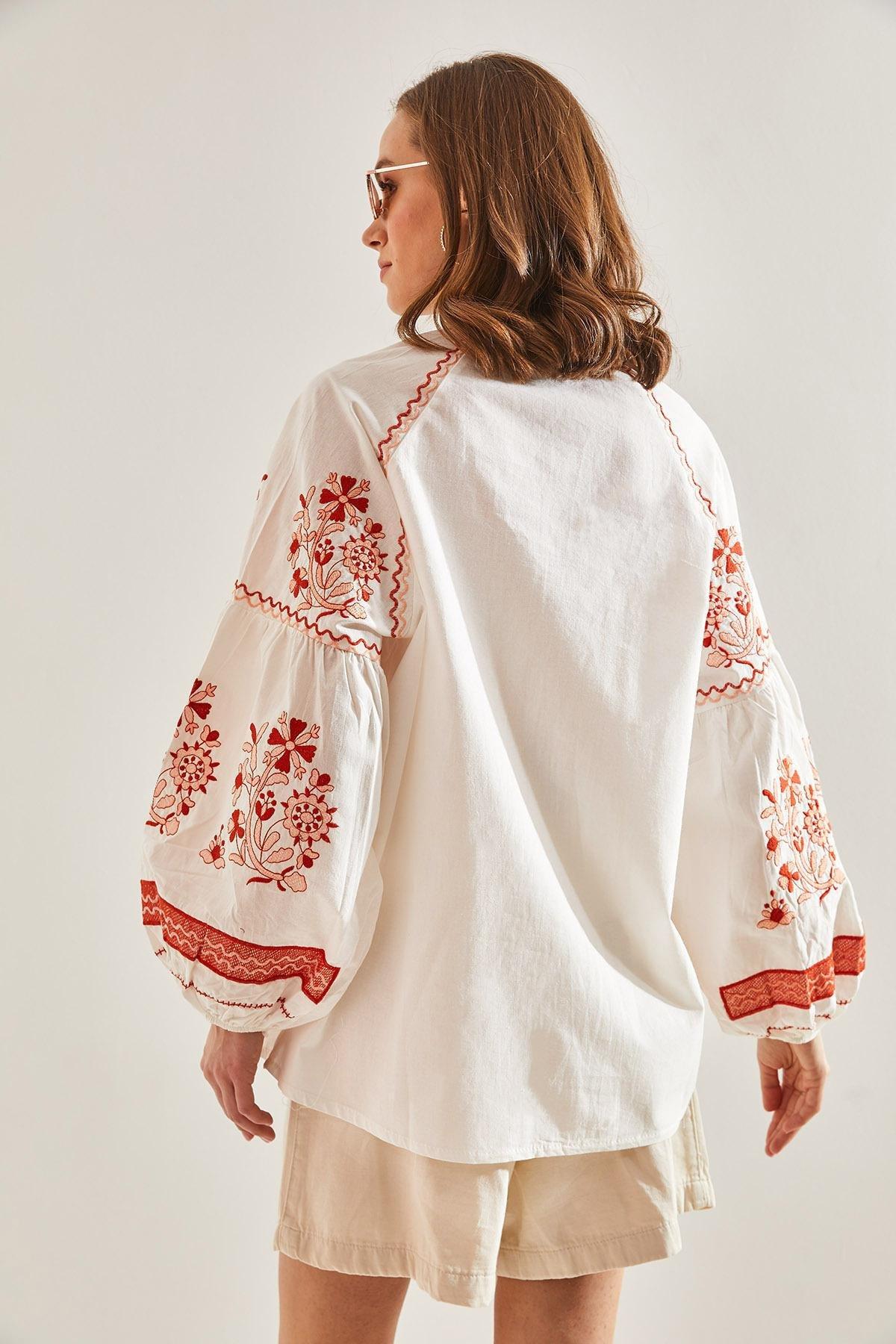 Cream Embroidered Patterned Tie Blouse, , large image number 1