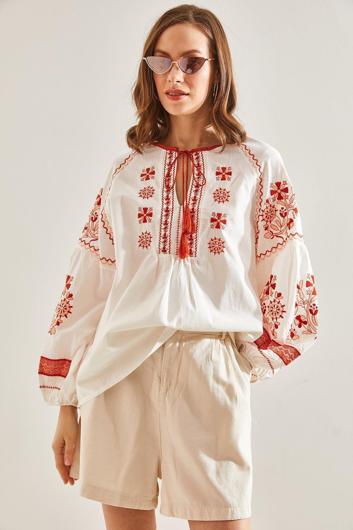 Cream Embroidered Patterned Tie Blouse, , large image number 2