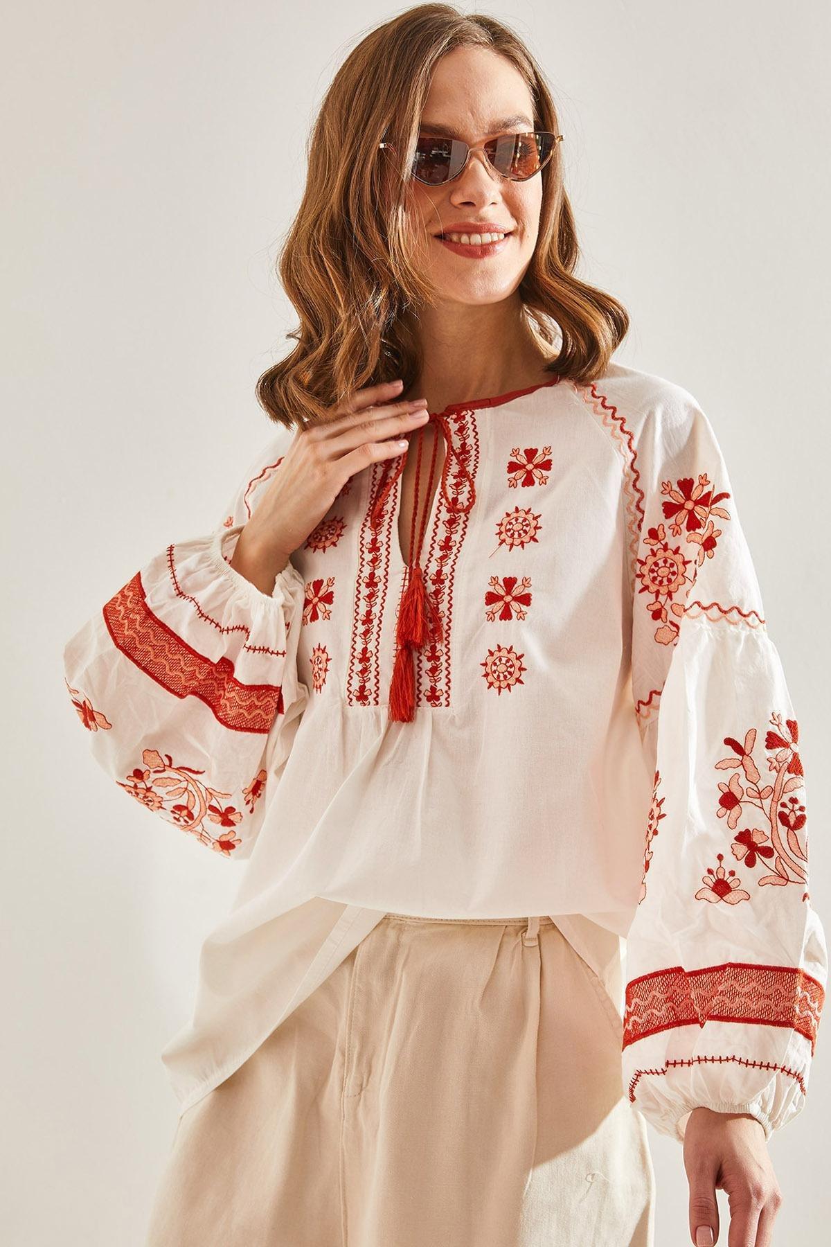 Cream Embroidered Patterned Tie Blouse, , large image number 5