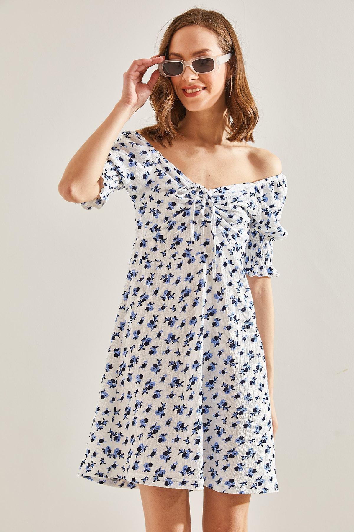 White Front Gathered Flower Patterned Dress, White, large image number 0