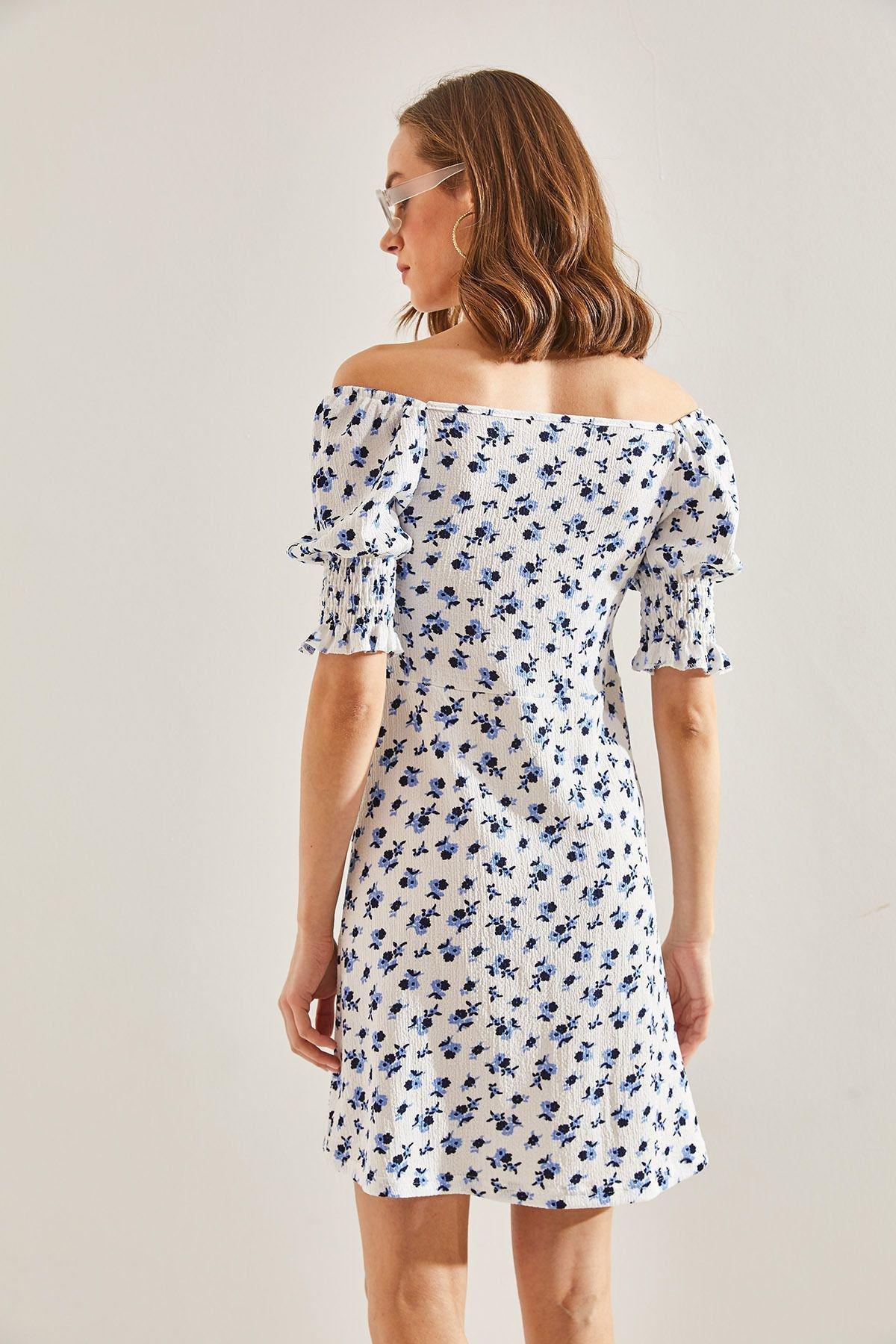 White Front Gathered Flower Patterned Dress, White, large image number 1