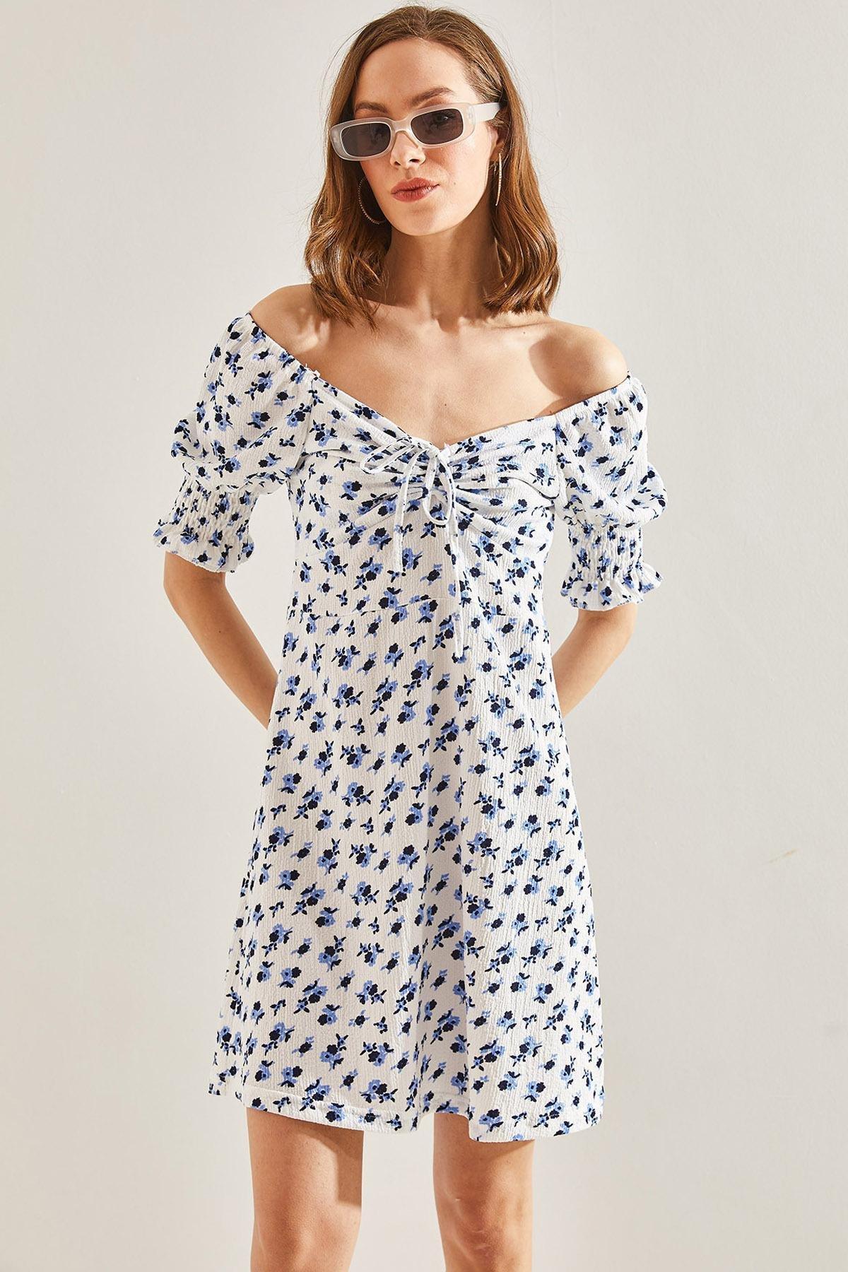 White Front Gathered Flower Patterned Dress, White, large image number 5