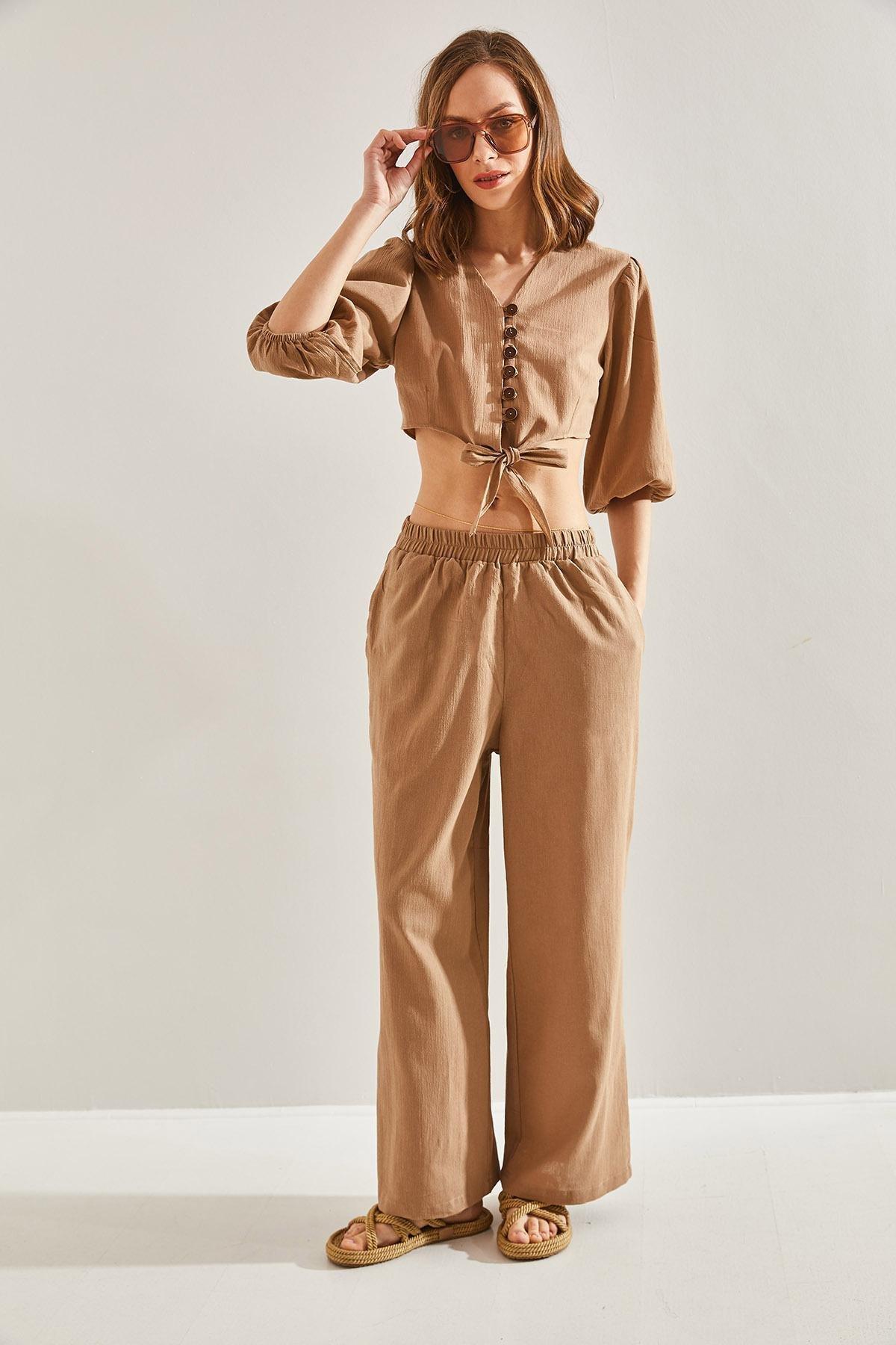 Brown Vest Tied Co-Ord Set, CAMEL, large image number 3
