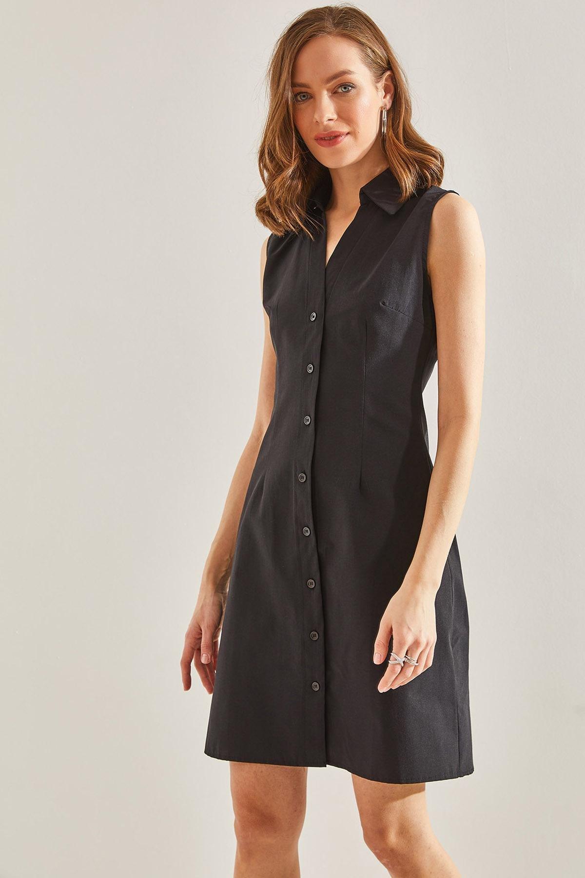 Black Buttoned Polo Neck Dress, , large image number 0