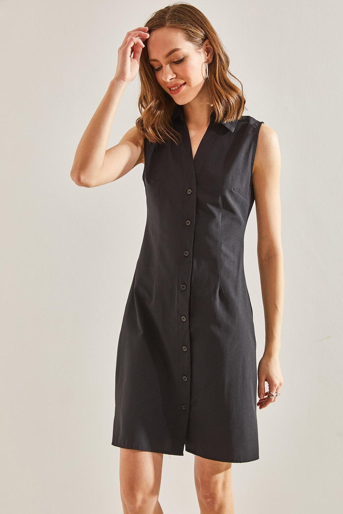 Black Buttoned Polo Neck Dress, , large image number 1