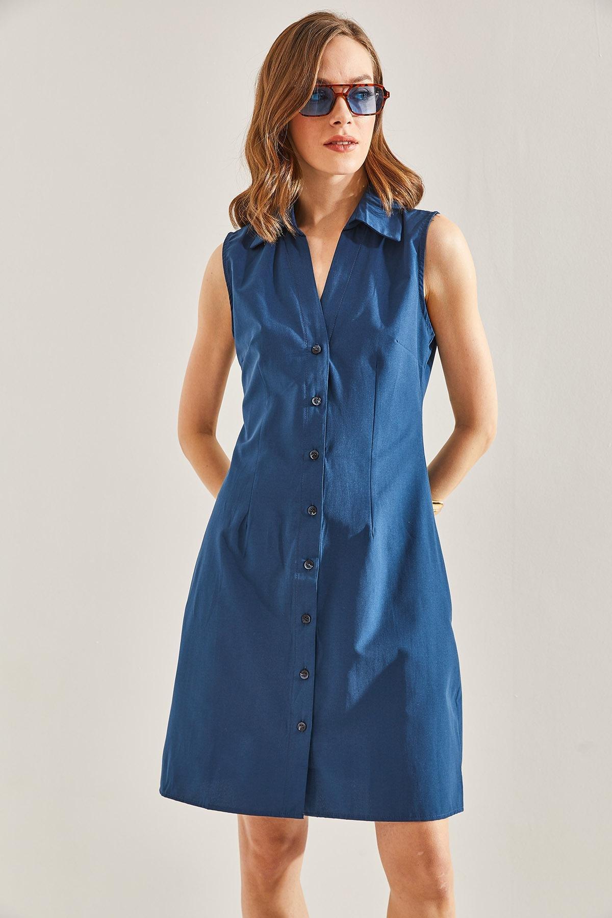 Blue Buttoned Polo Neck Dress, , large image number 0