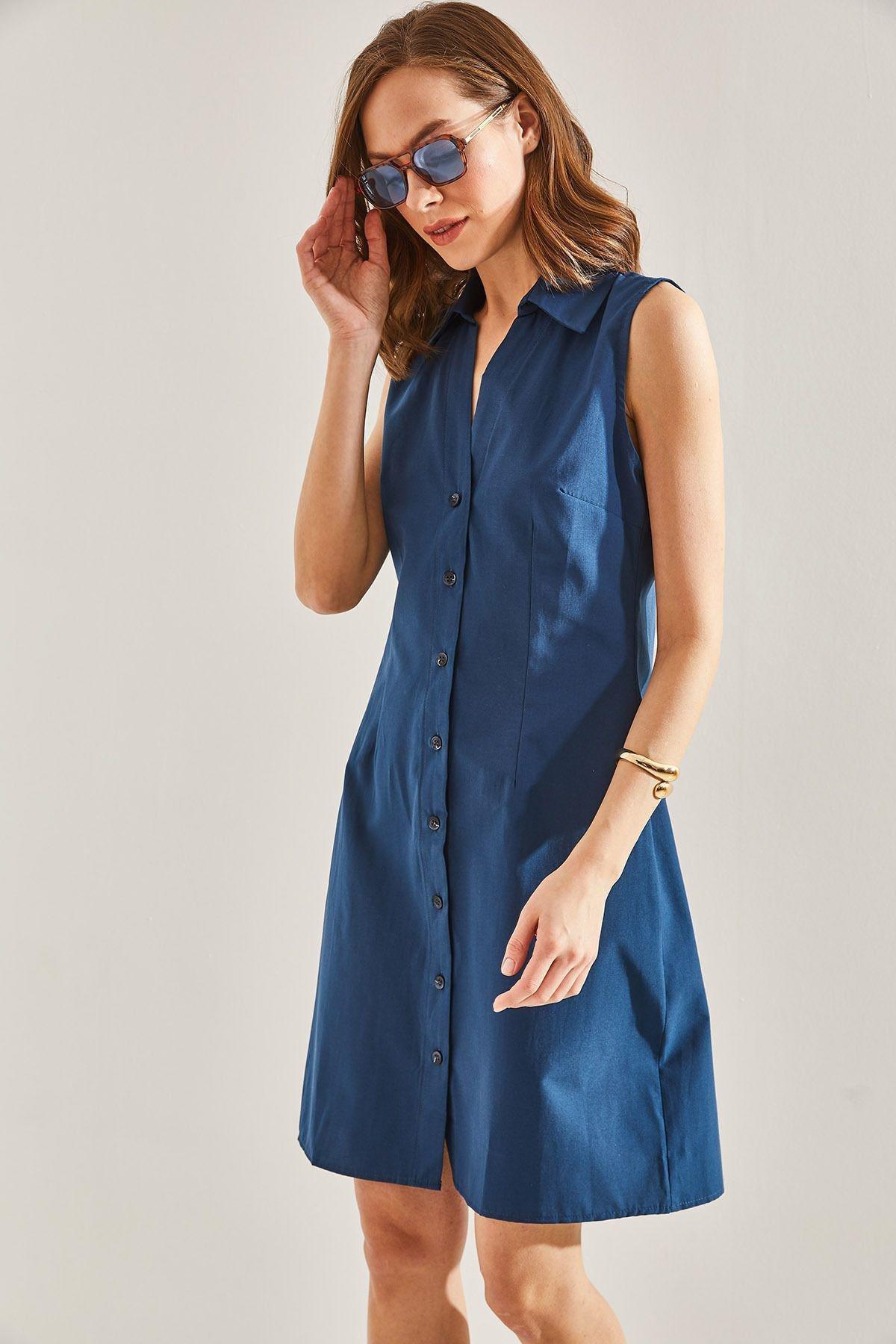 Blue Buttoned Polo Neck Dress, , large image number 1