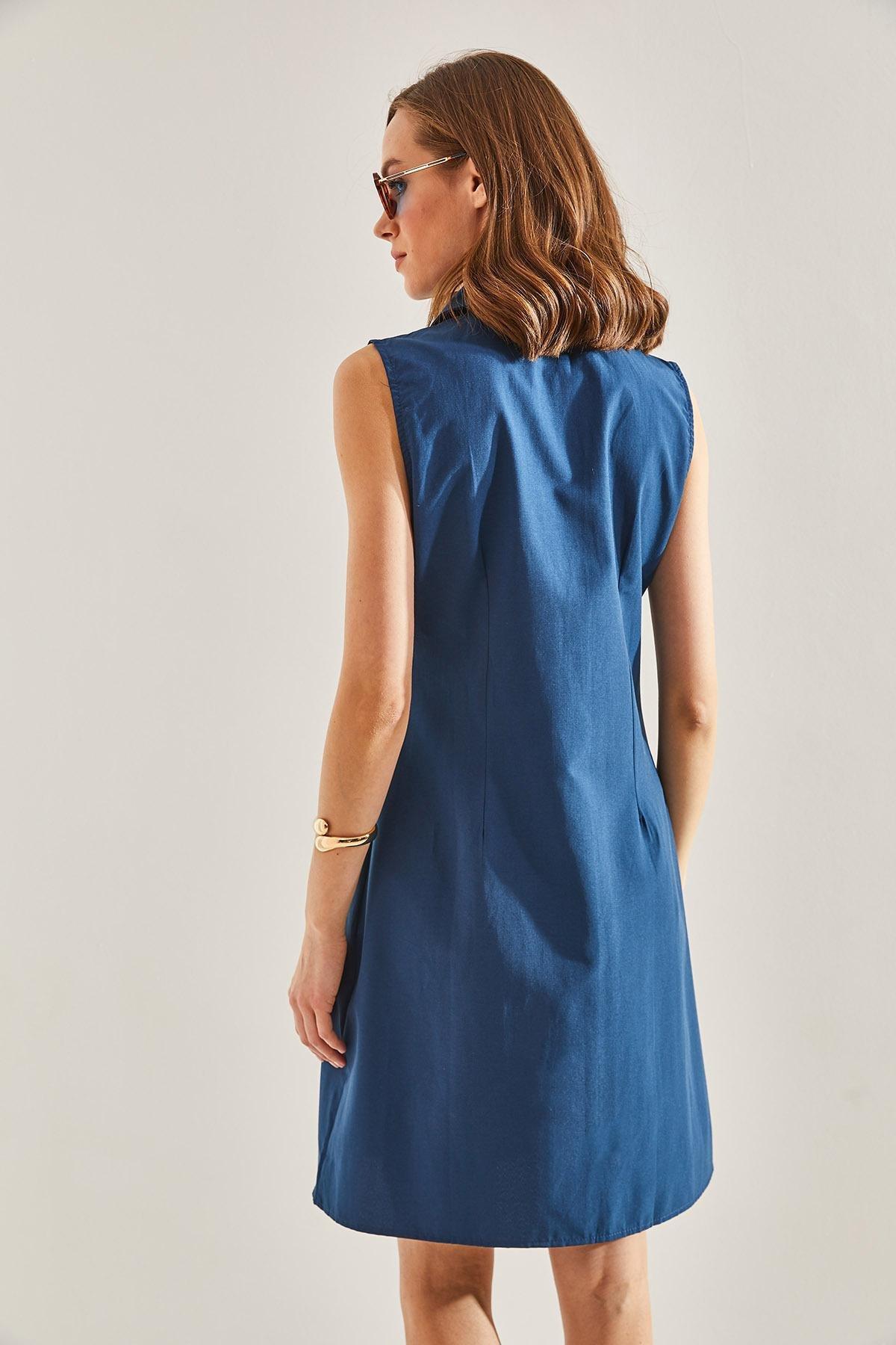 Blue Buttoned Polo Neck Dress, , large image number 2