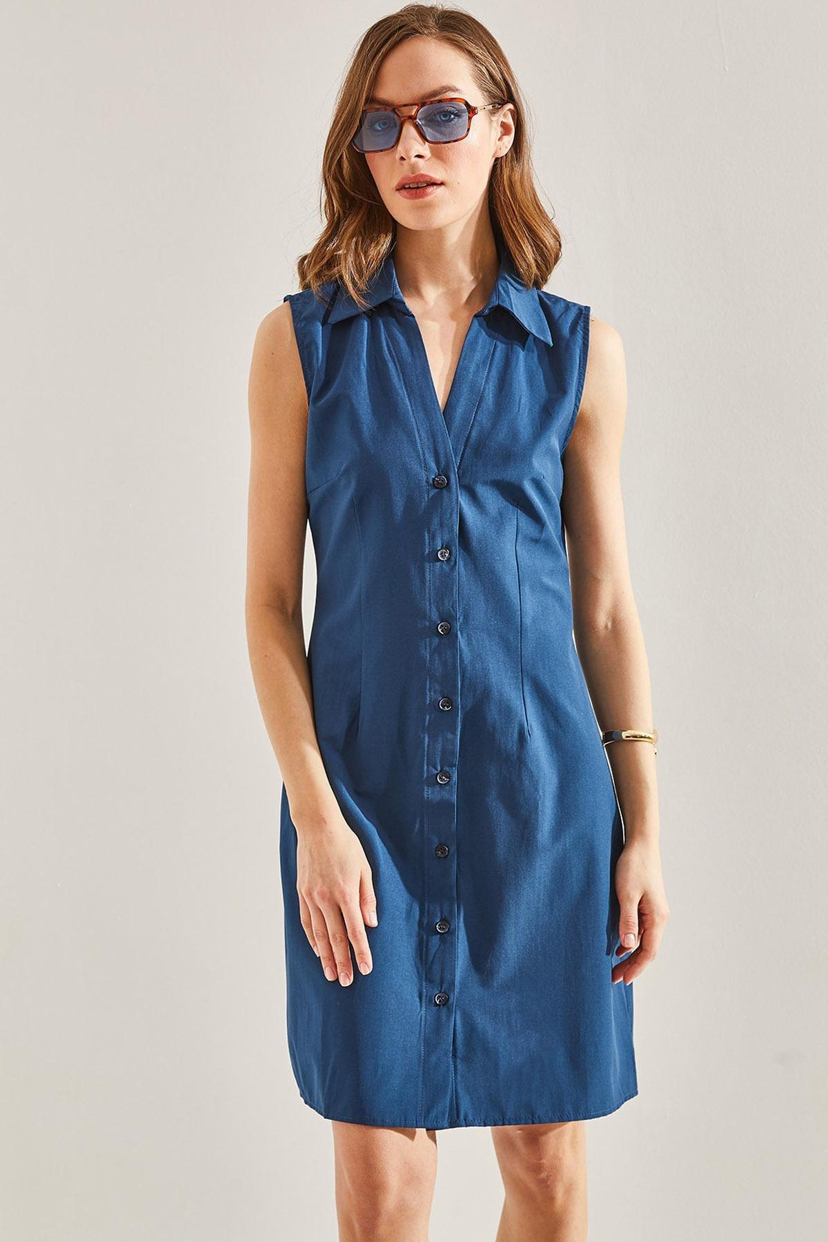 Blue Buttoned Polo Neck Dress, , large image number 3