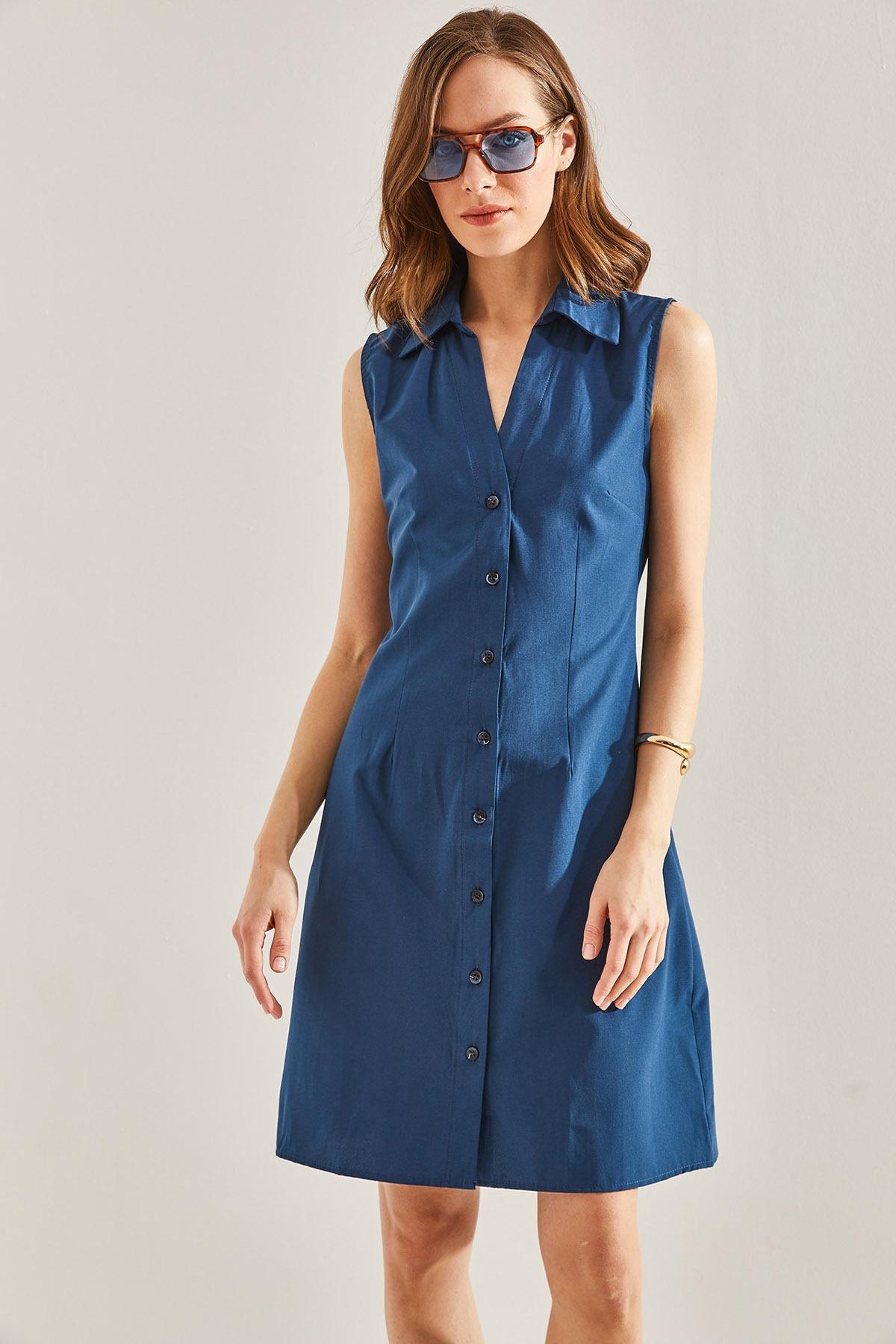 Blue Buttoned Polo Neck Dress, , large image number 4