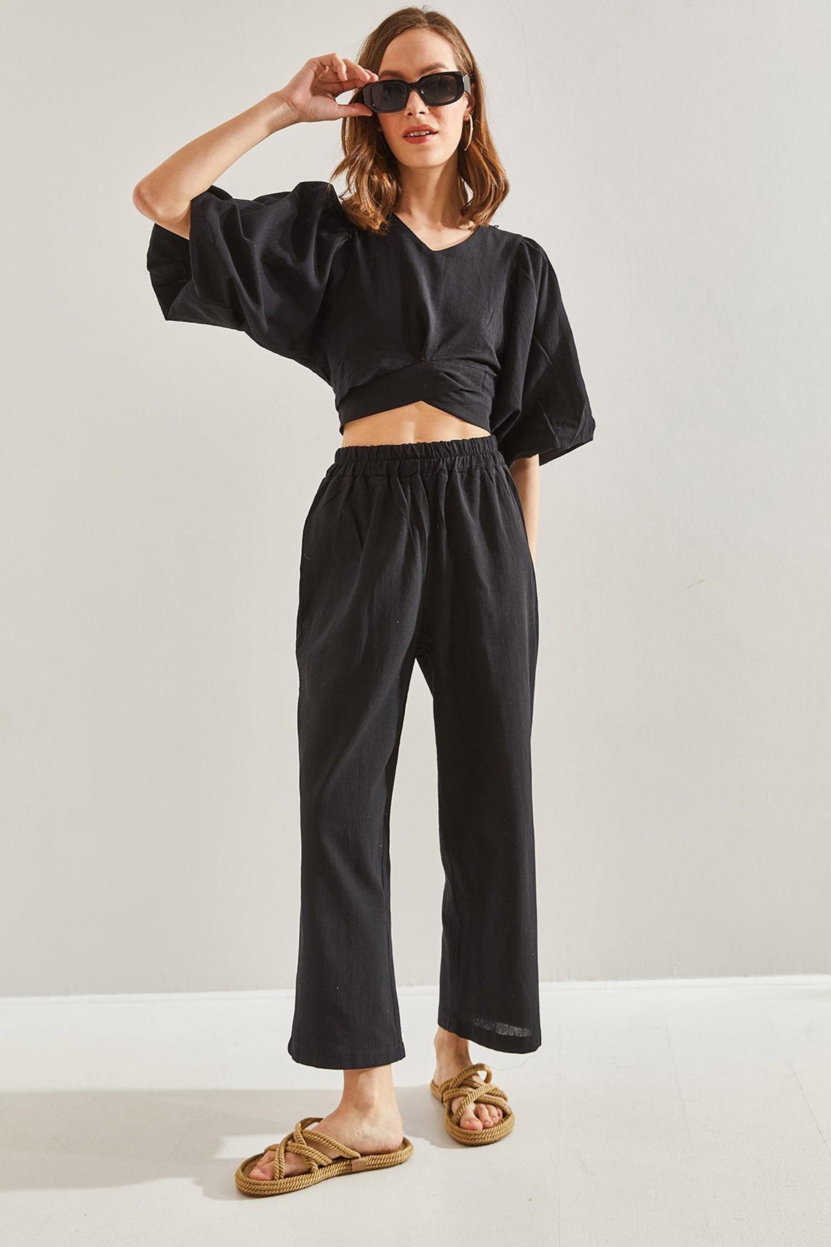 Black Tie Front Balloon Sleeve Co-Ord Set, , large image number 0
