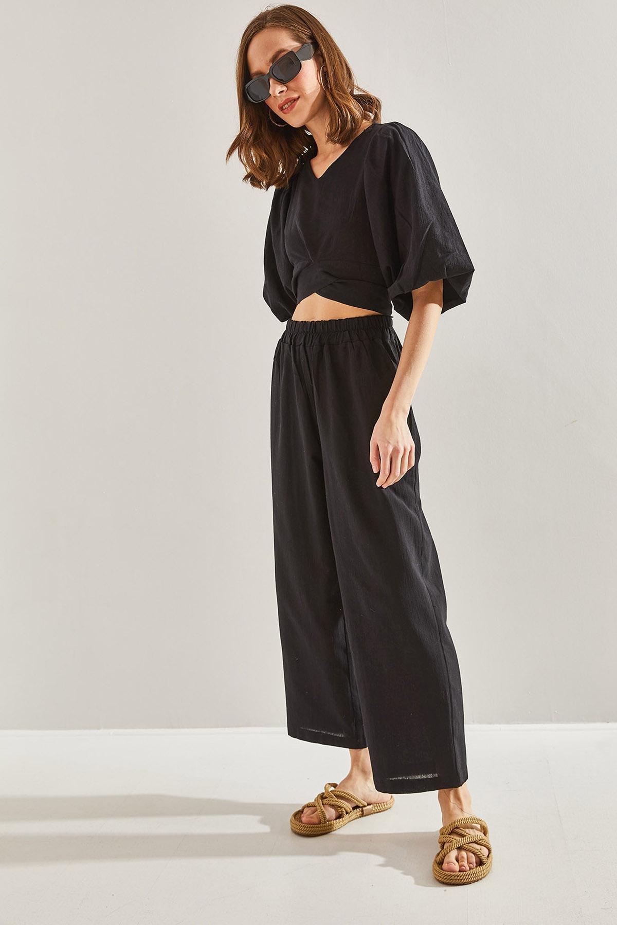Black Tie Front Balloon Sleeve Co-Ord Set, , large image number 1