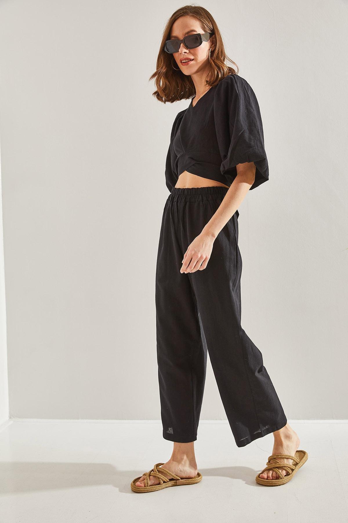 Black Tie Front Balloon Sleeve Co-Ord Set, , large image number 2