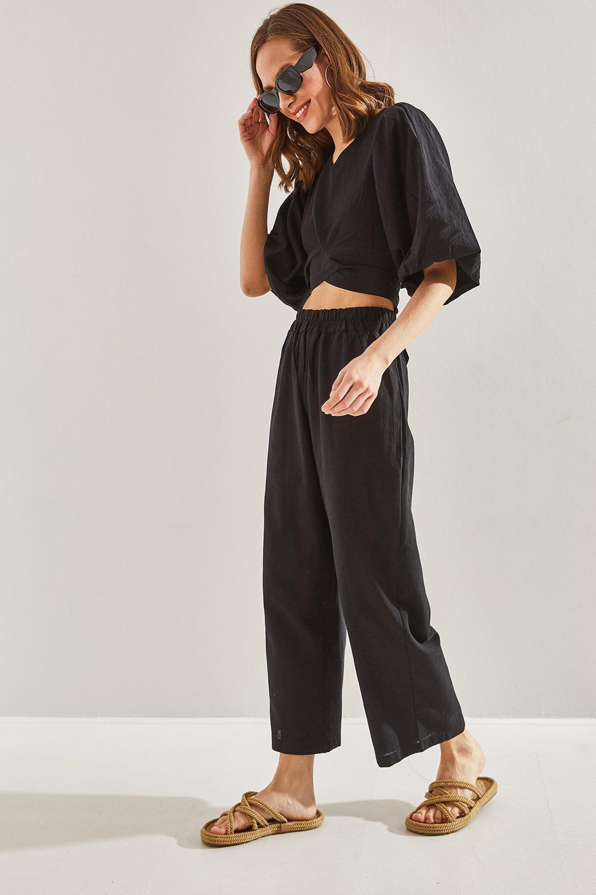 Black Tie Front Balloon Sleeve Co-Ord Set, , large image number 3