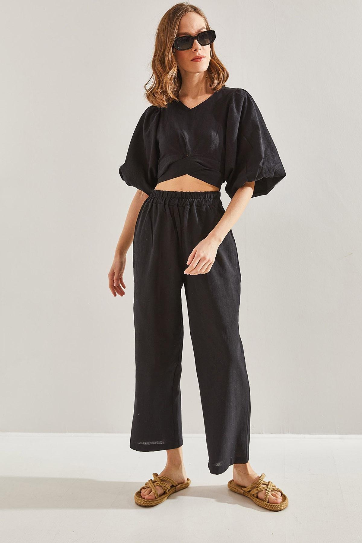 Black Tie Front Balloon Sleeve Co-Ord Set, , large image number 5