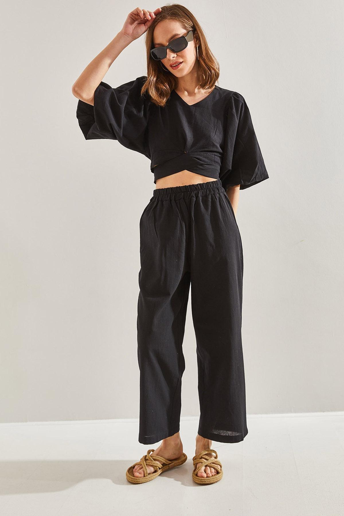 Black Tie Front Balloon Sleeve Co-Ord Set, , large image number 6