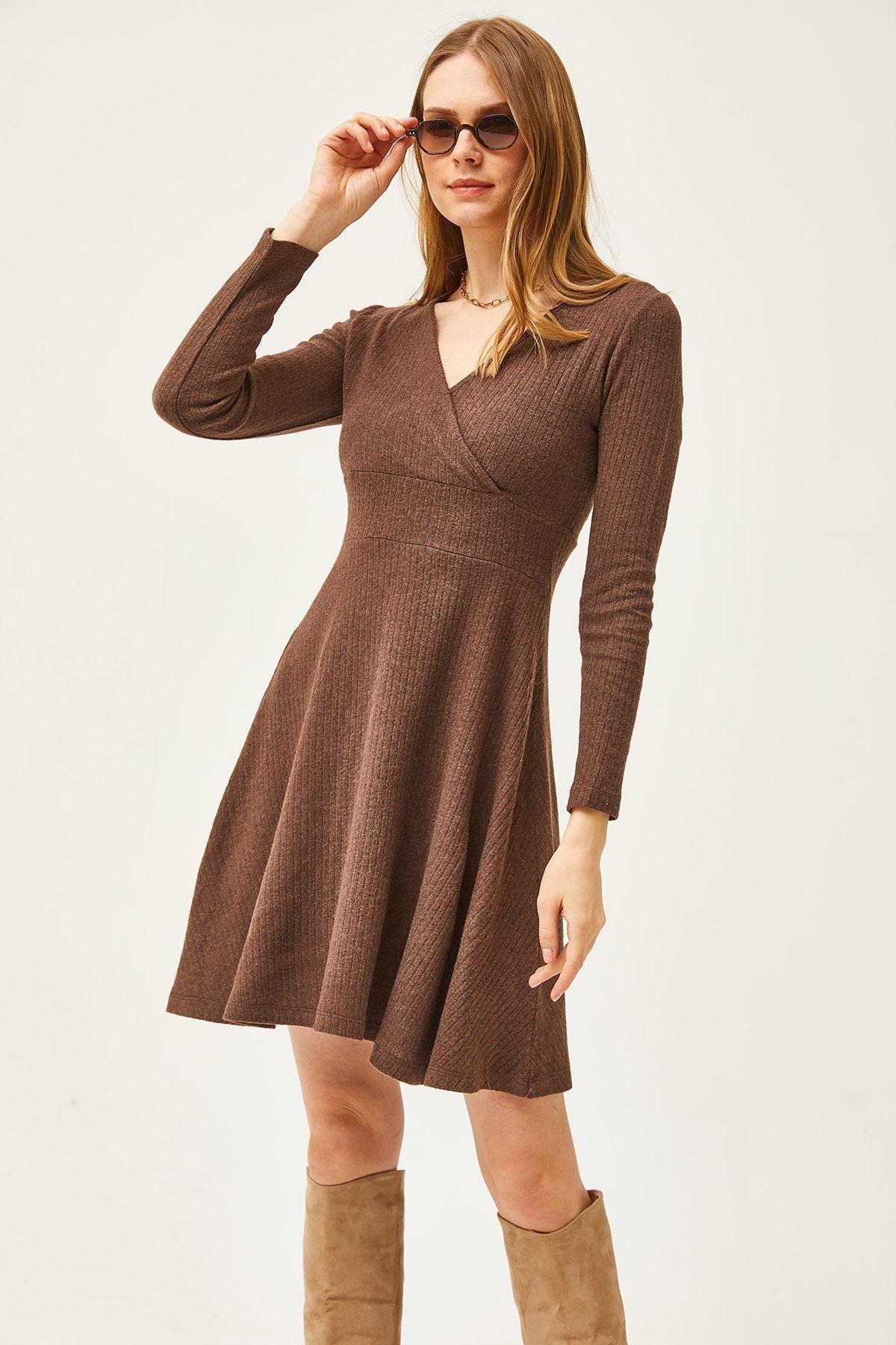 Brown Ribbed Sweater Mini Dress, , large image number 1