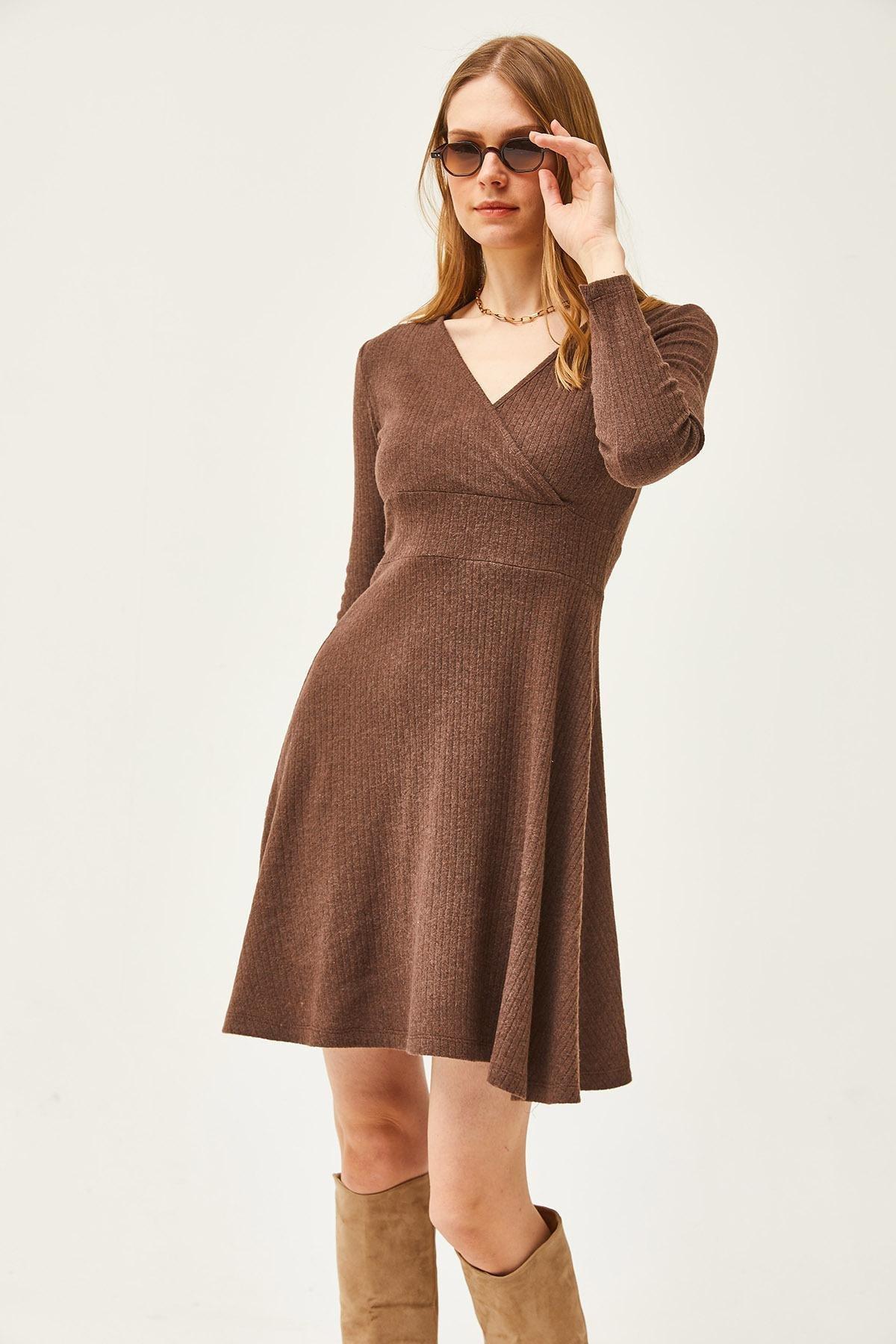 Brown Ribbed Sweater Mini Dress, , large image number 2