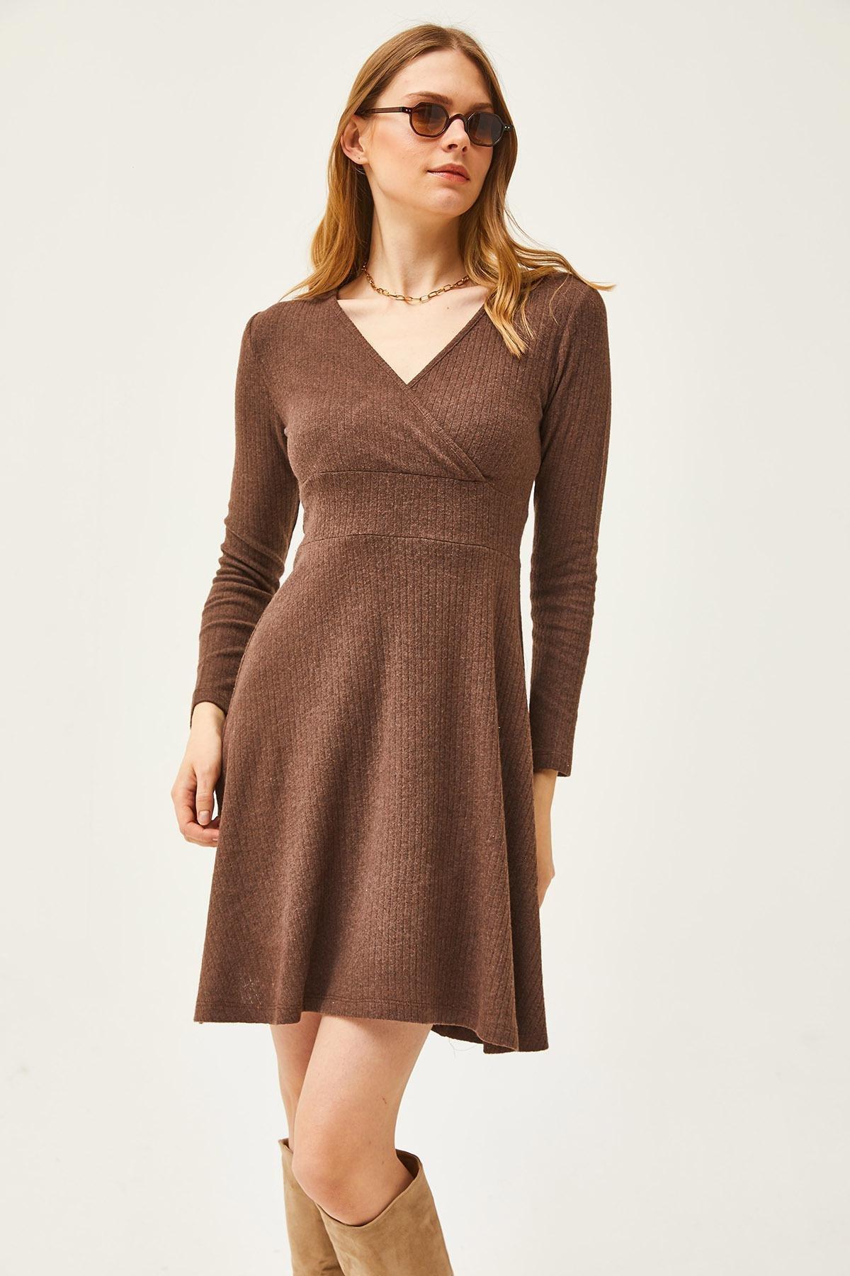 Brown Ribbed Sweater Mini Dress, , large image number 3