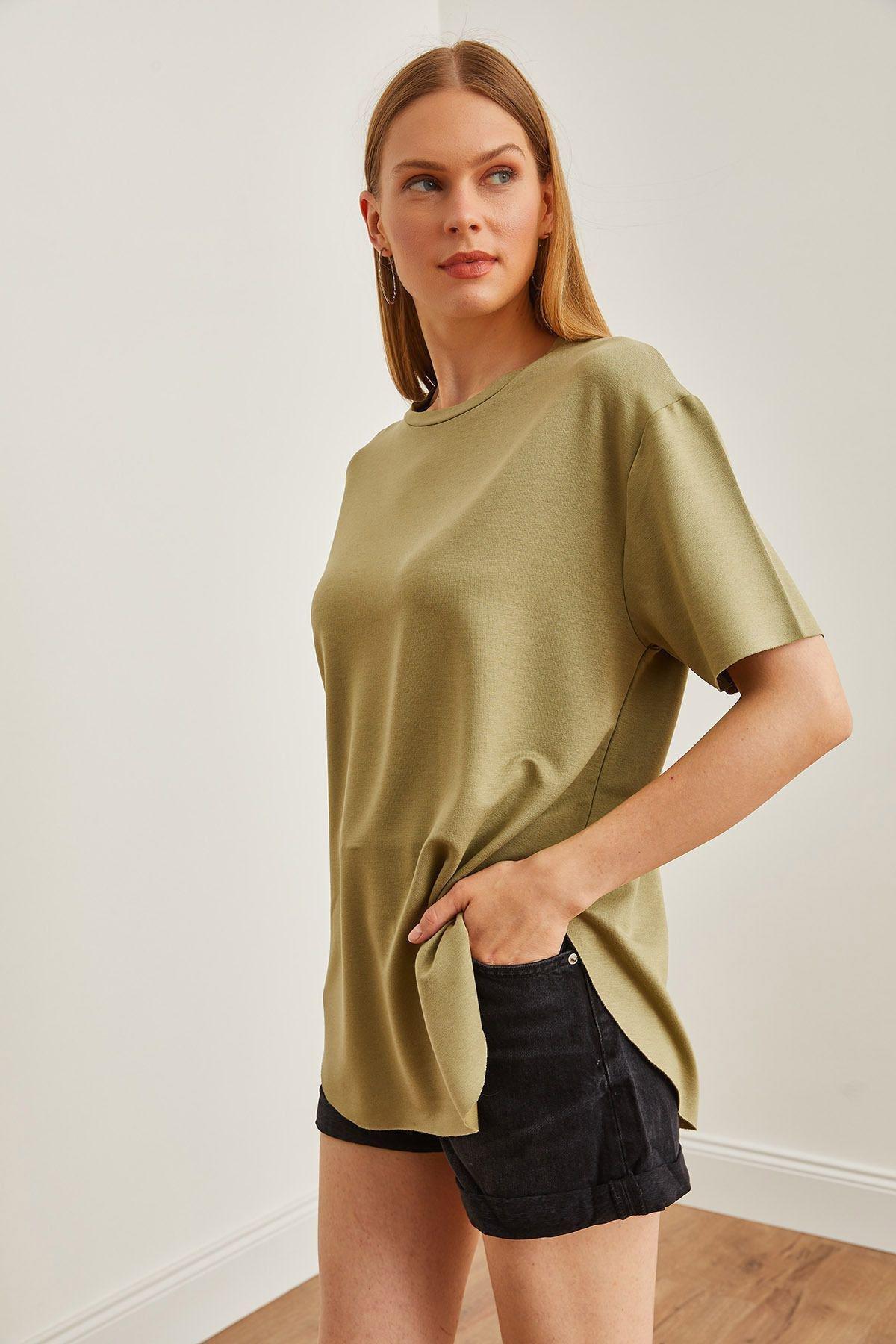 Khaki Buttoned Textured Oval T-Shirt, Khaki, large image number 2