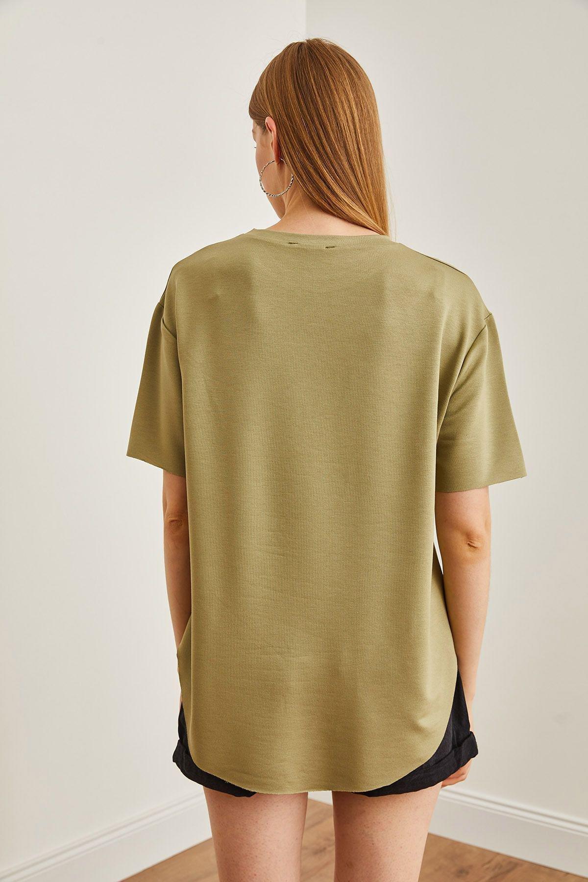 Khaki Buttoned Textured Oval T-Shirt, Khaki, large image number 4