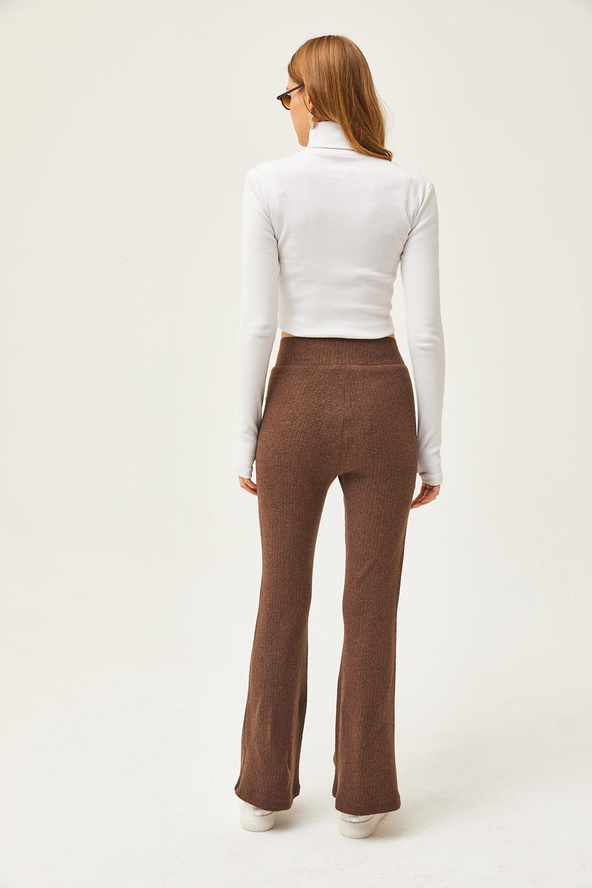 Brown Detailed Raised Spanish Leggings, , large image number 5